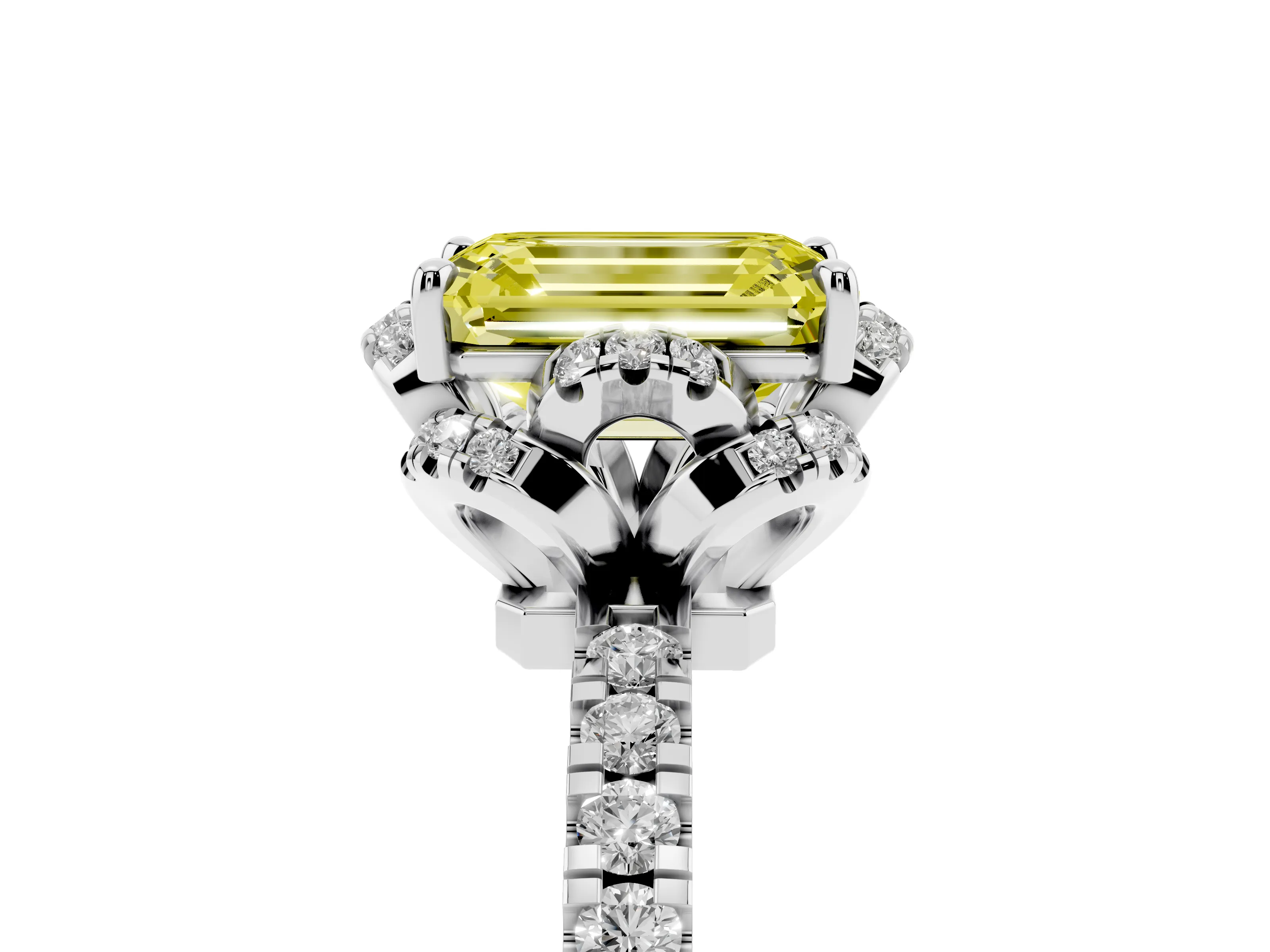 Fancy Yellow Emerald Cut Diamond Halo Pavé Band Ring Set in Platinum with Prong-Held Center