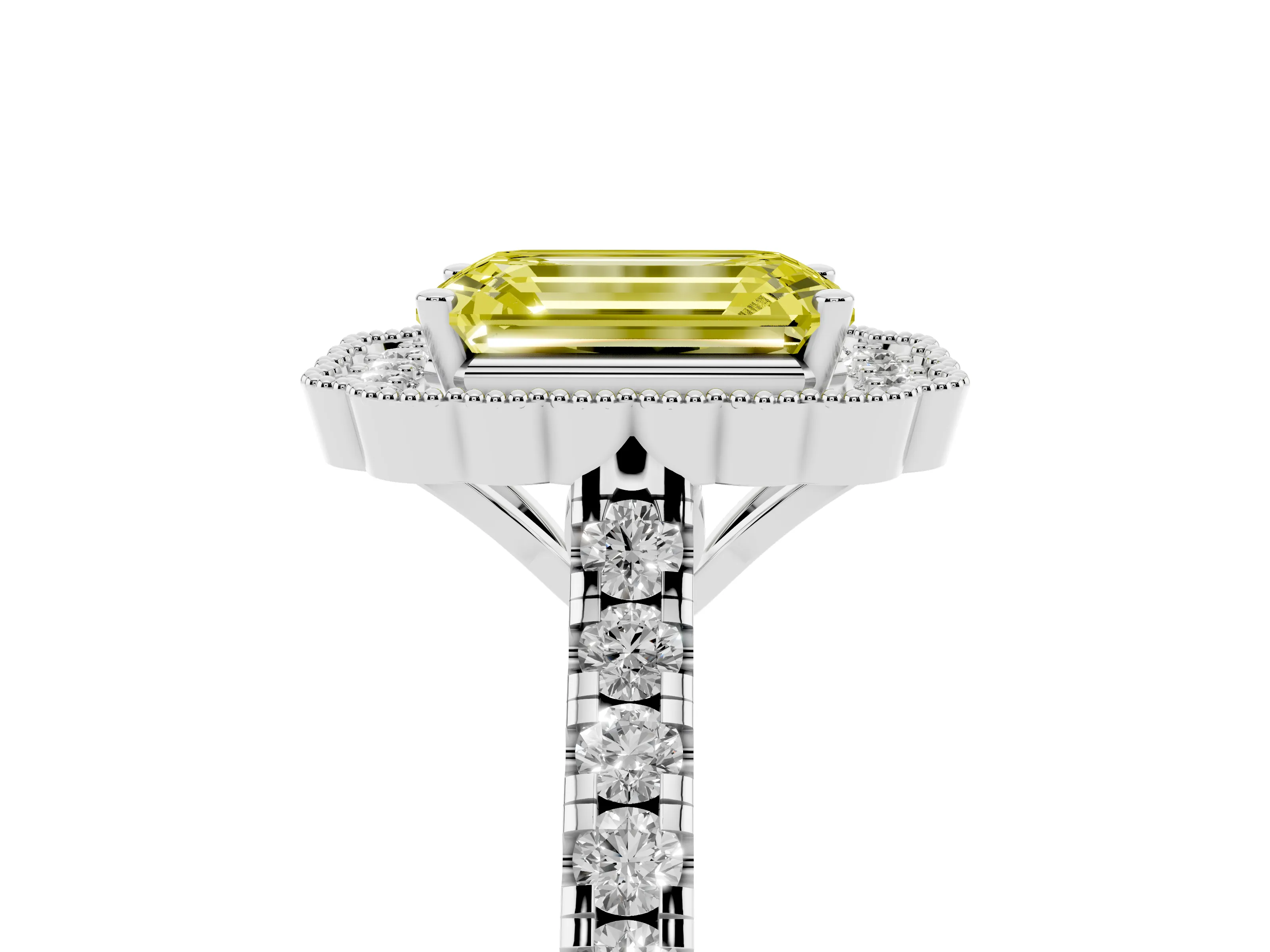 Fancy Yellow Emerald Cut Diamond Milgrain Floral Halo Engagement Ring Set in Silver with Pavé Band