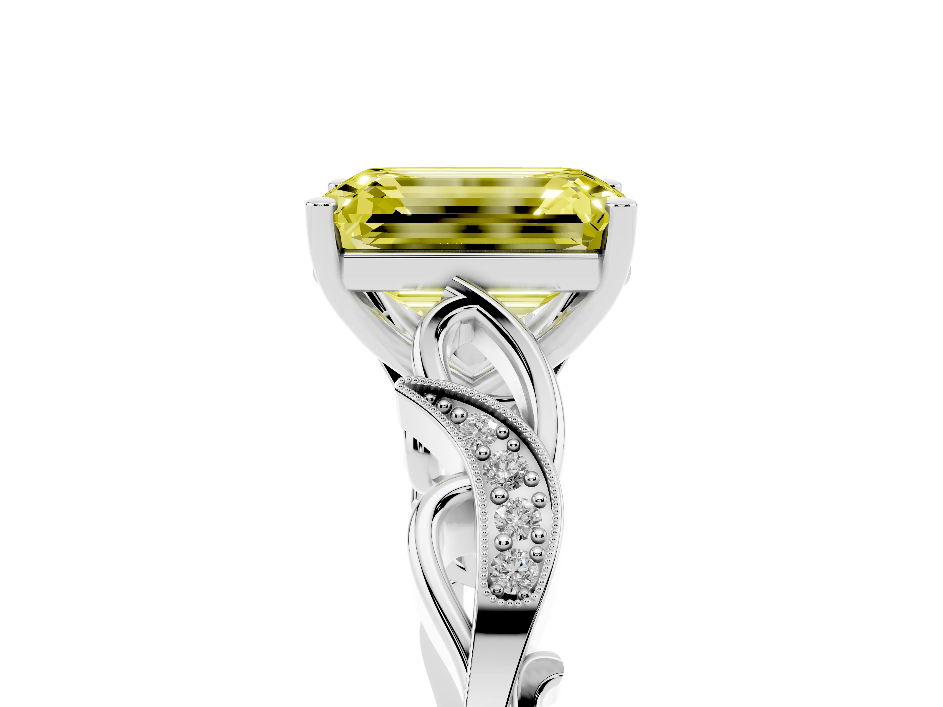 Fancy Yellow Emerald Cut Diamond Vine Band Solitaire Ring Set in White gold with Milgrain Prong Setting