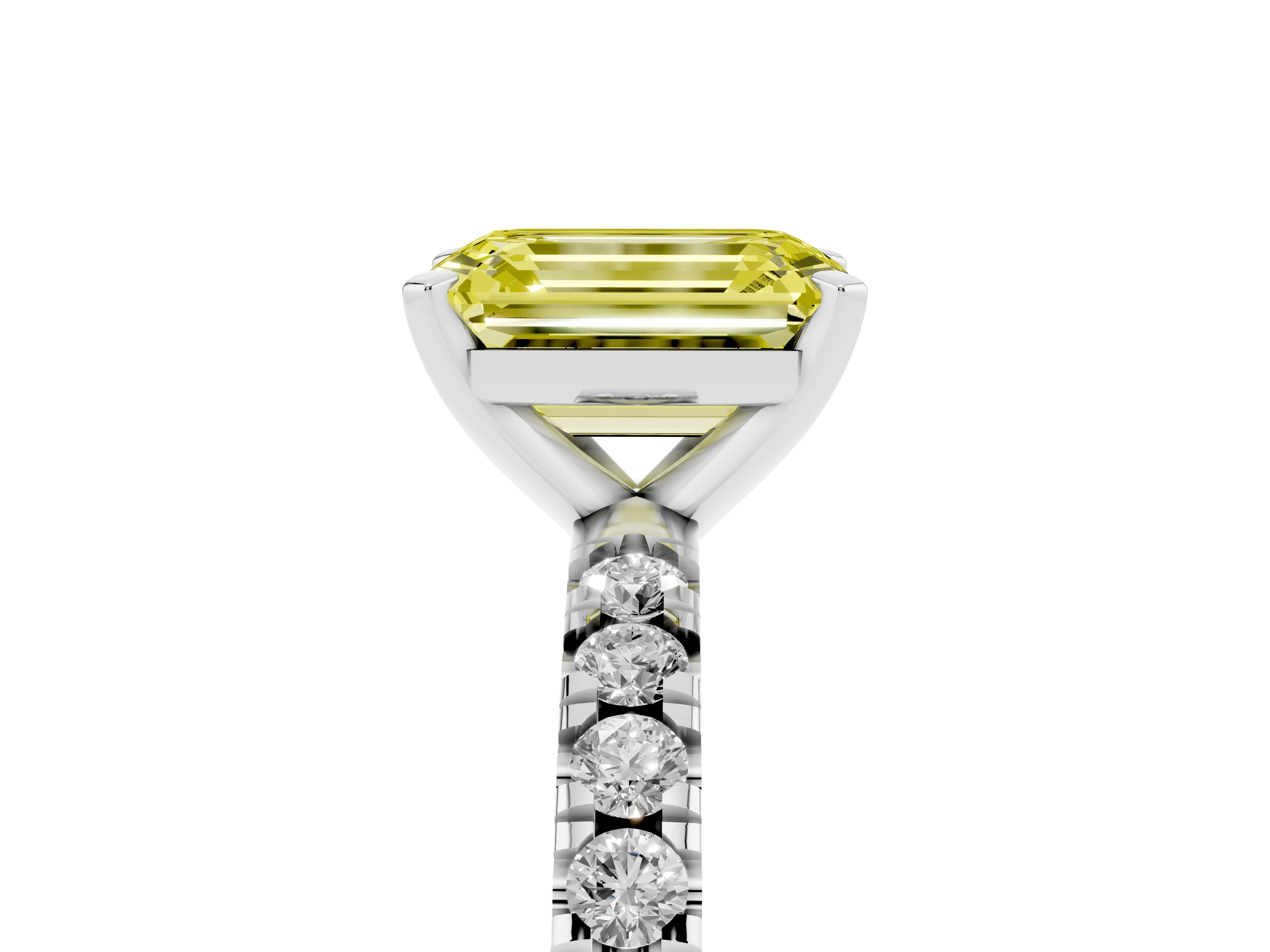 Fancy Yellow Emerald Cut Diamond Pavé Band Solitaire Set in Platinum with Prong Setting
