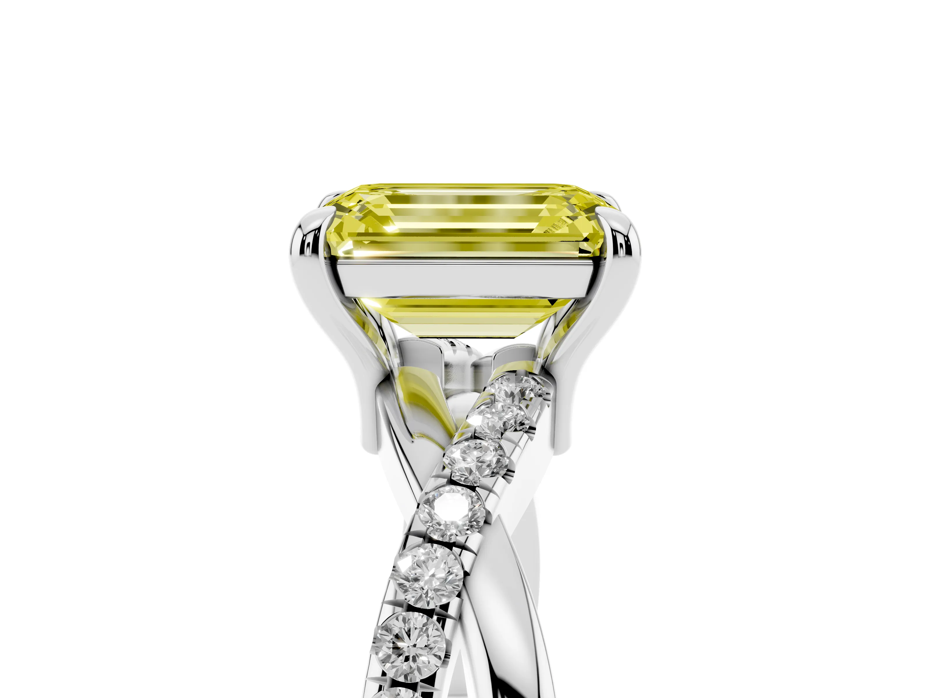 Fancy Yellow Emerald Cut Diamond Twist Band Solitaire Set in White gold with Pavé Accents and Prong Setting