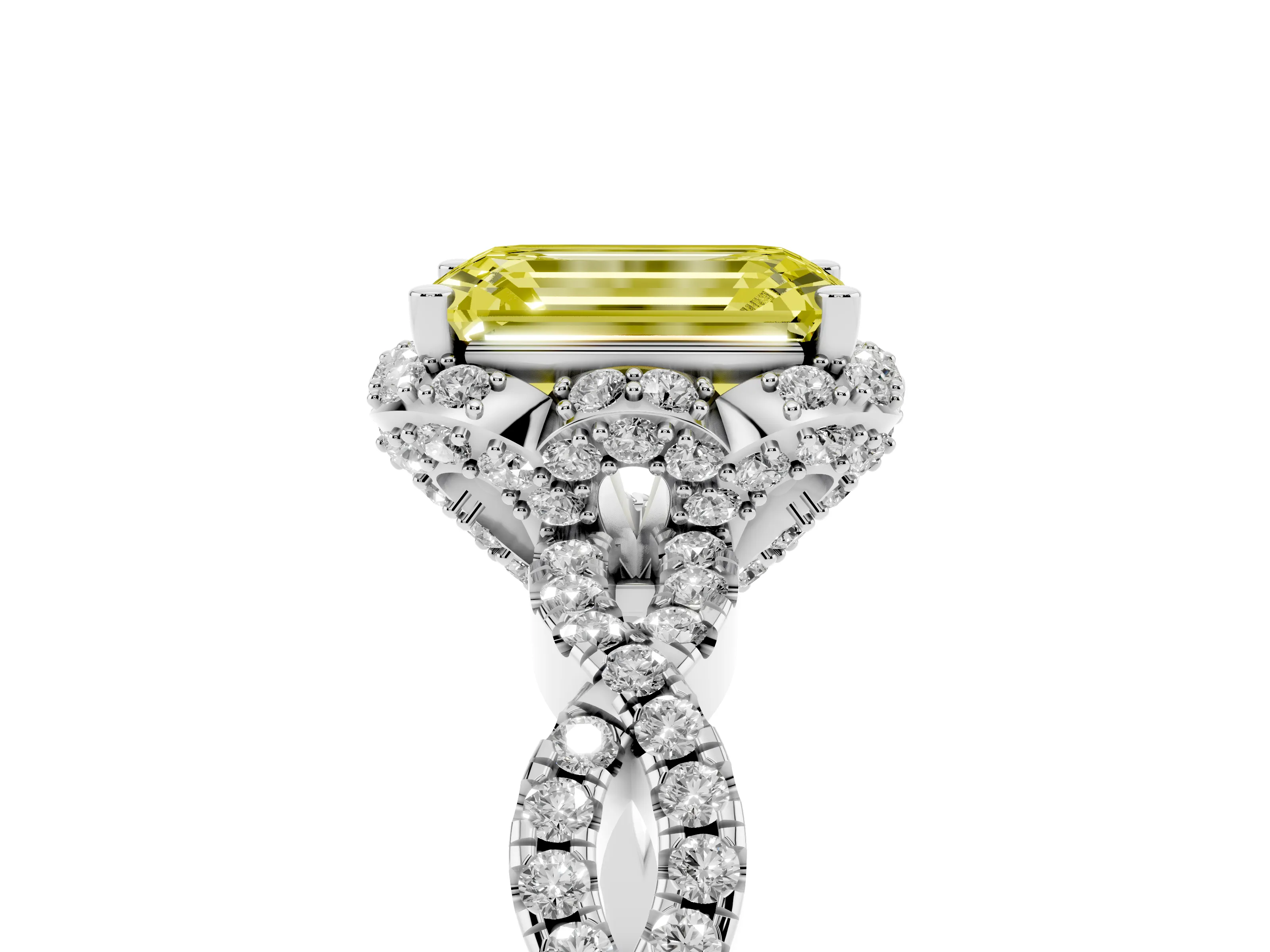 Fancy Yellow Emerald Cut Diamond Halo Twist Band Solitaire Ring Set in Platinum with Prong-Set Center Stone