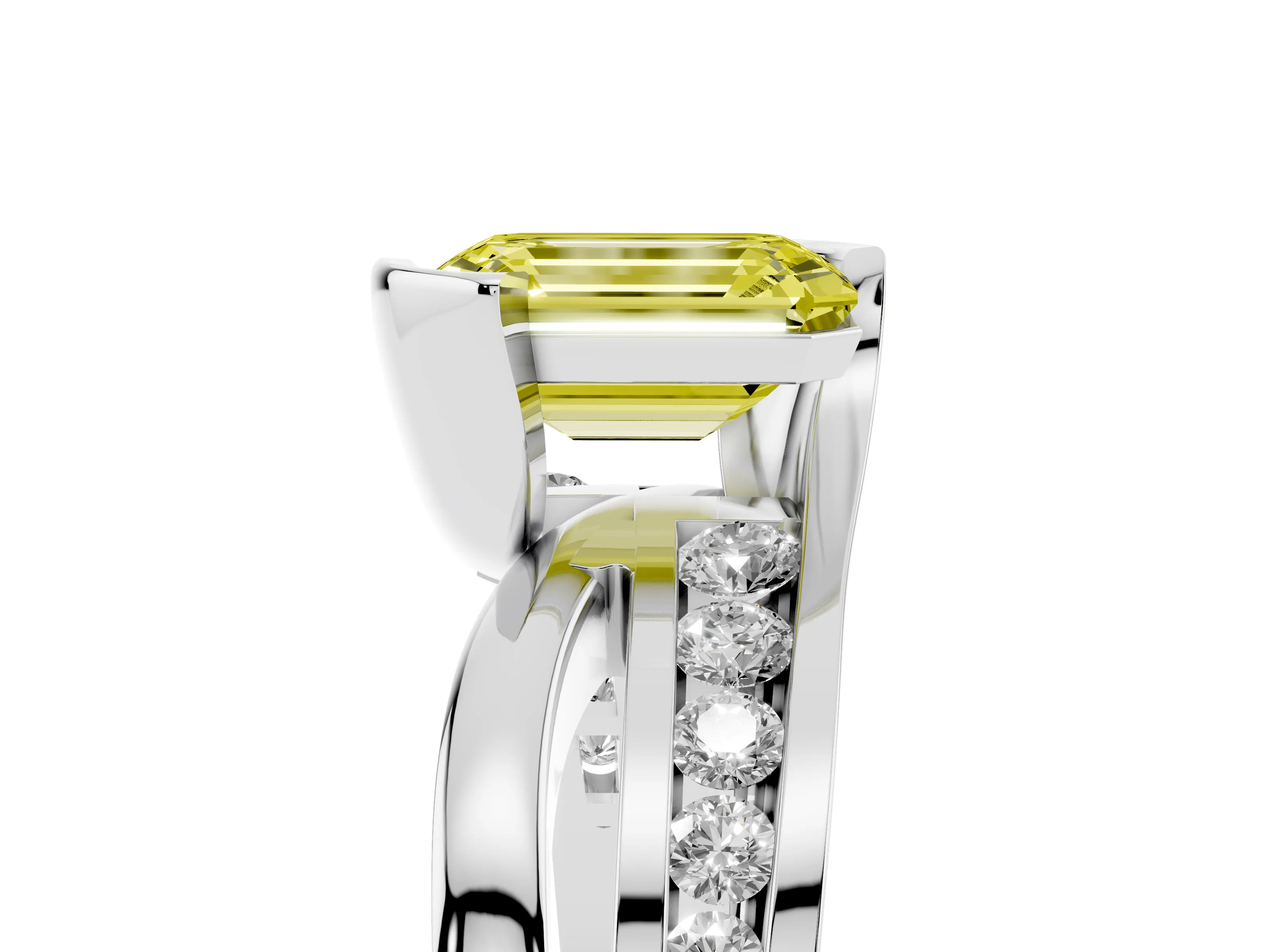 Fancy Yellow Emerald Cut Diamond Solitaire Ring Set in Silver with Channel Set Split Shank and Tension Prongs