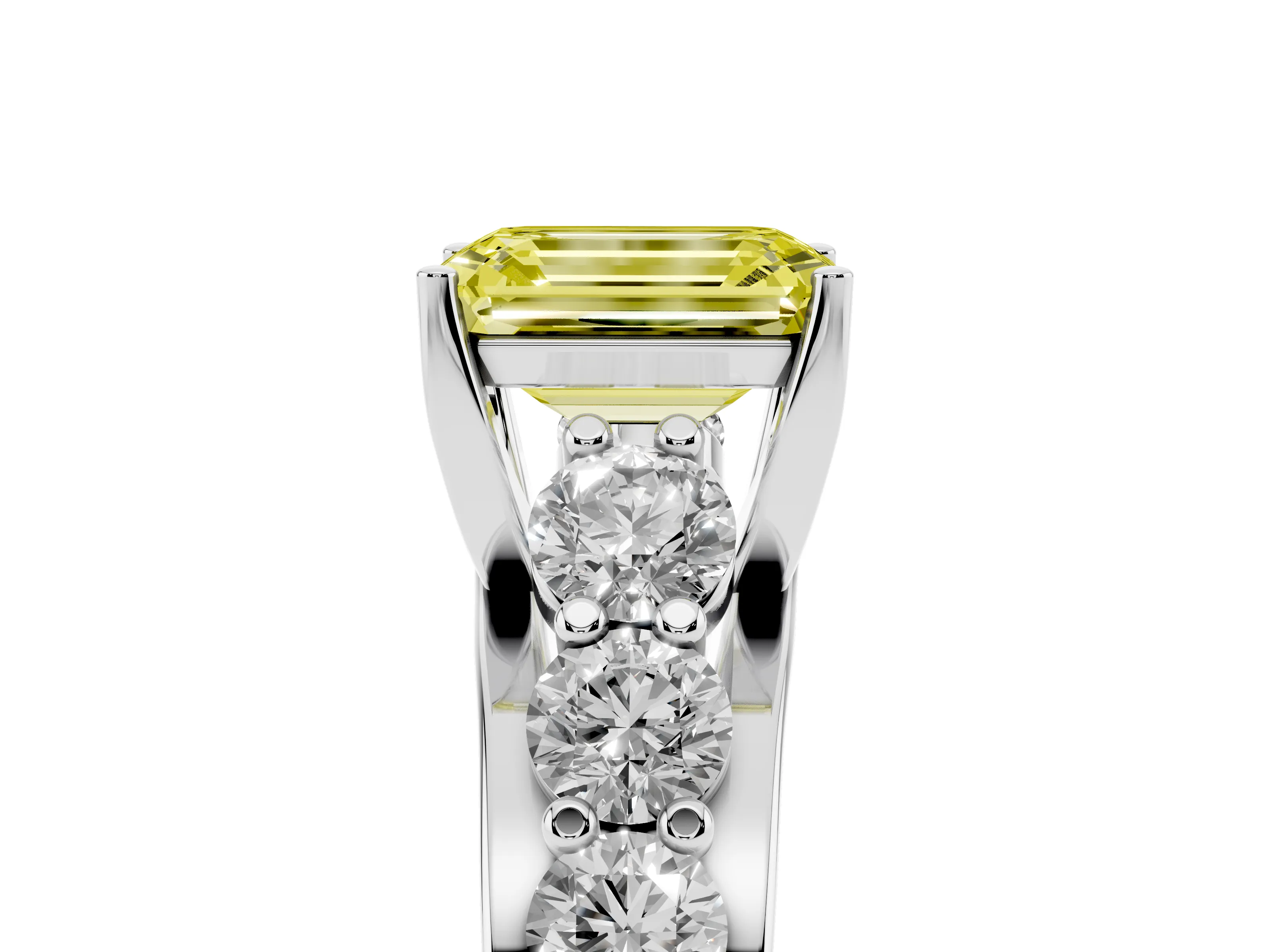 Fancy Yellow Emerald Cut Diamond Pavé Engagement Ring Set in Platinum with Prong Setting