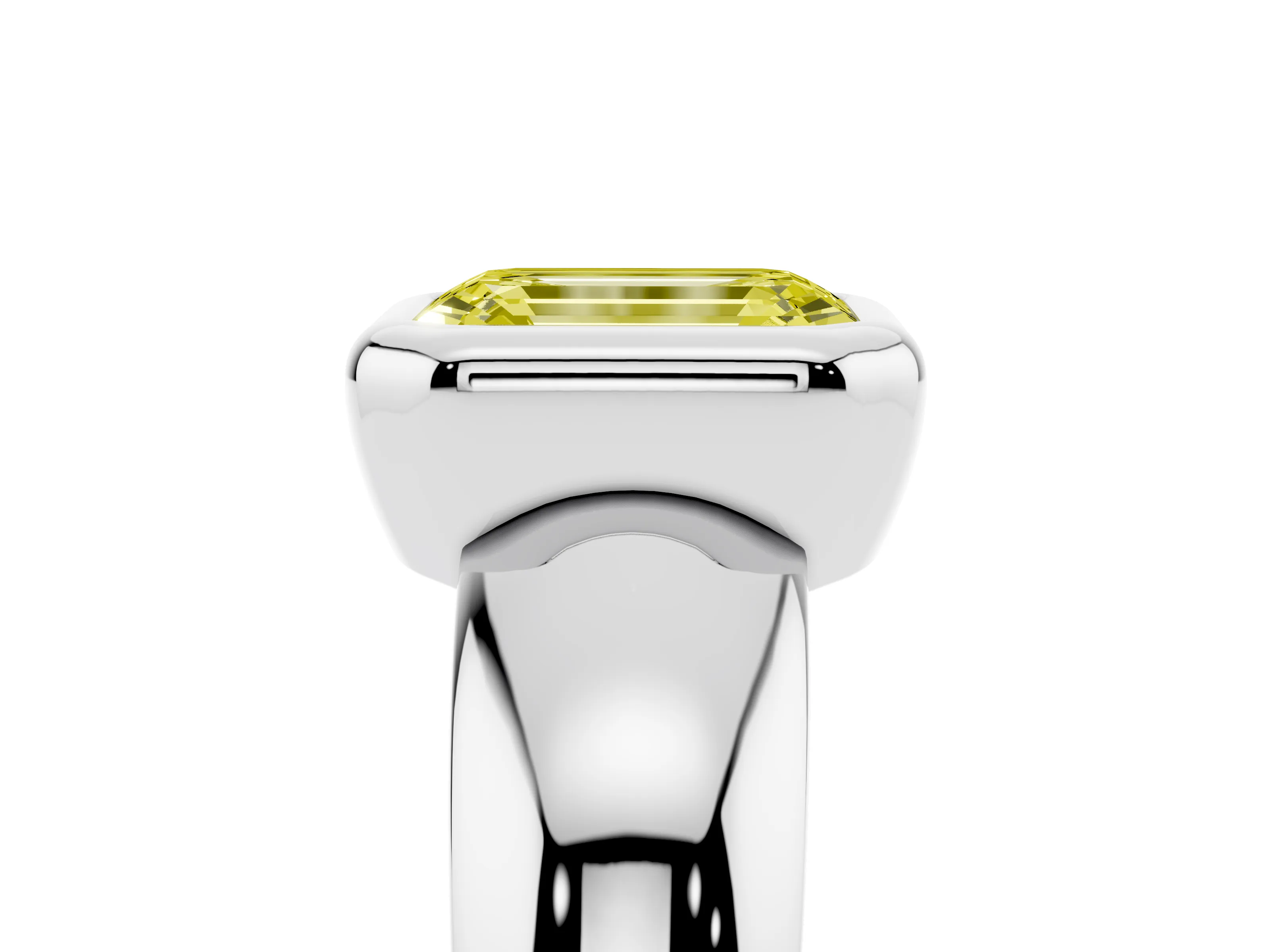 Fancy Yellow Bezel Set Emerald Cut Diamond Solitaire Ring Set in Silver with Wide Band
