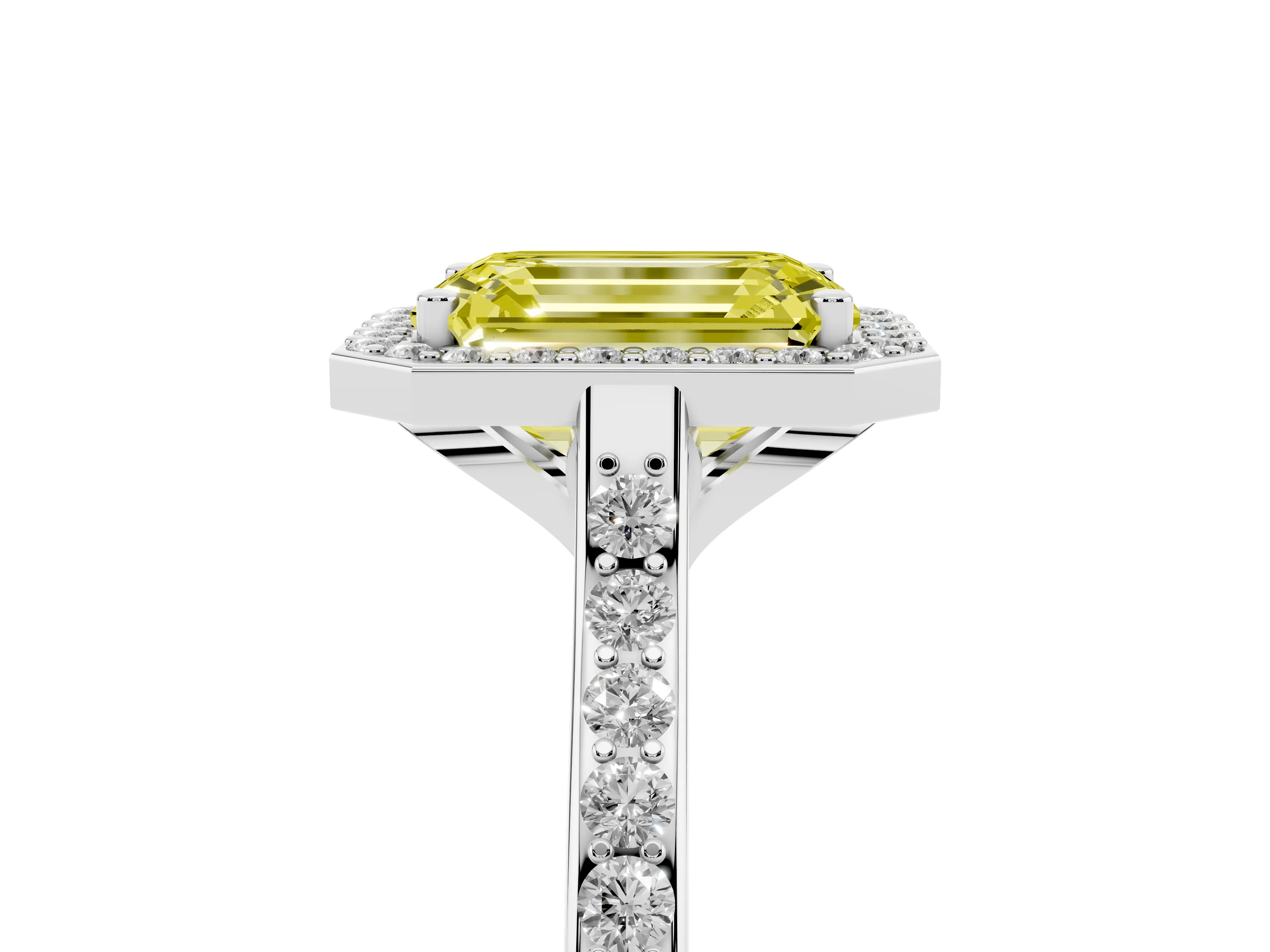 Fancy Yellow Emerald Cut Diamond Halo Engagement Ring Set in Silver with Round Pavé Shoulders and Heart Gallery
