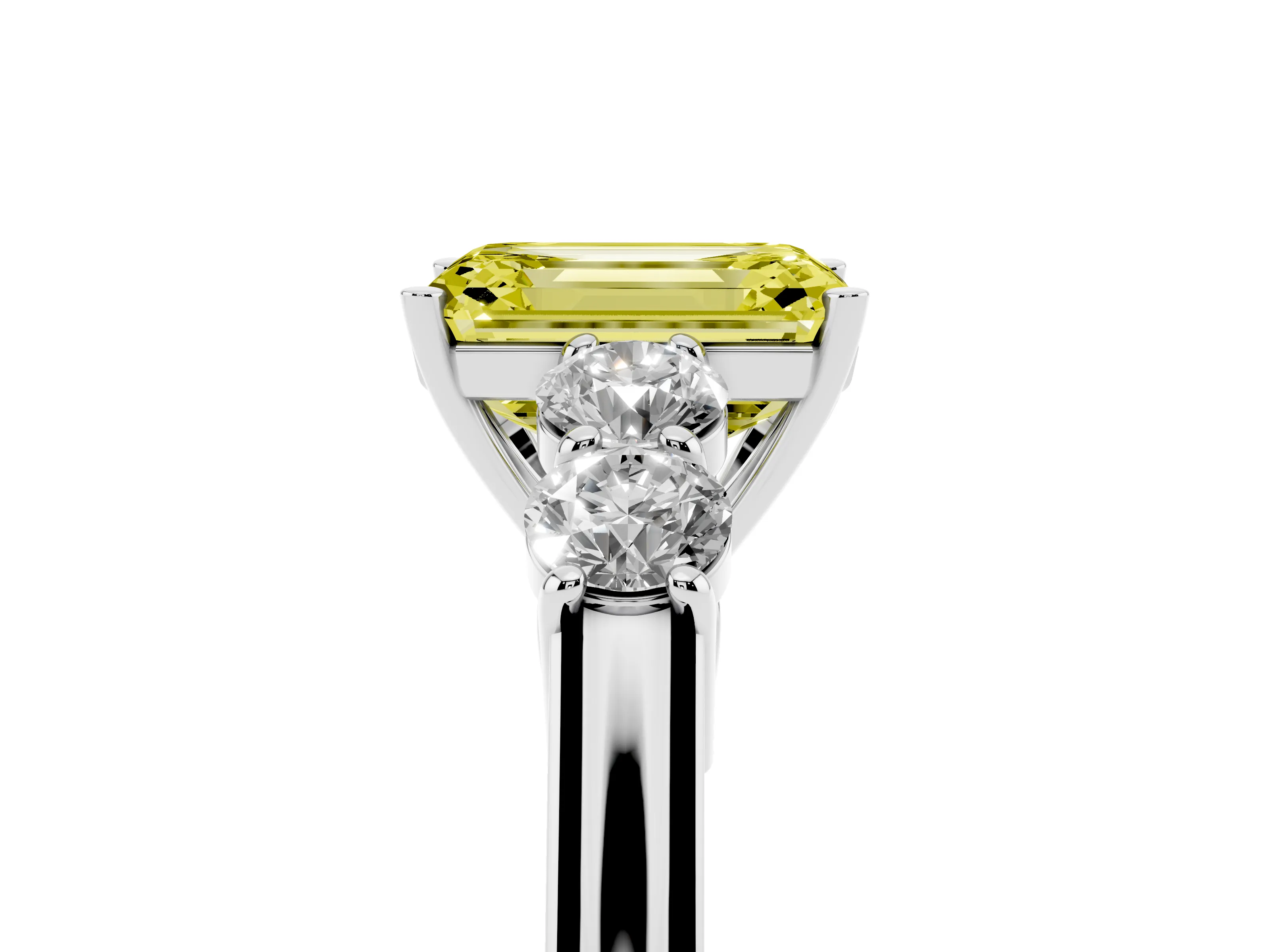 Fancy Yellow Emerald Cut Diamond Five-Stone Prong Set Band Ring Set in White gold with Polished Band