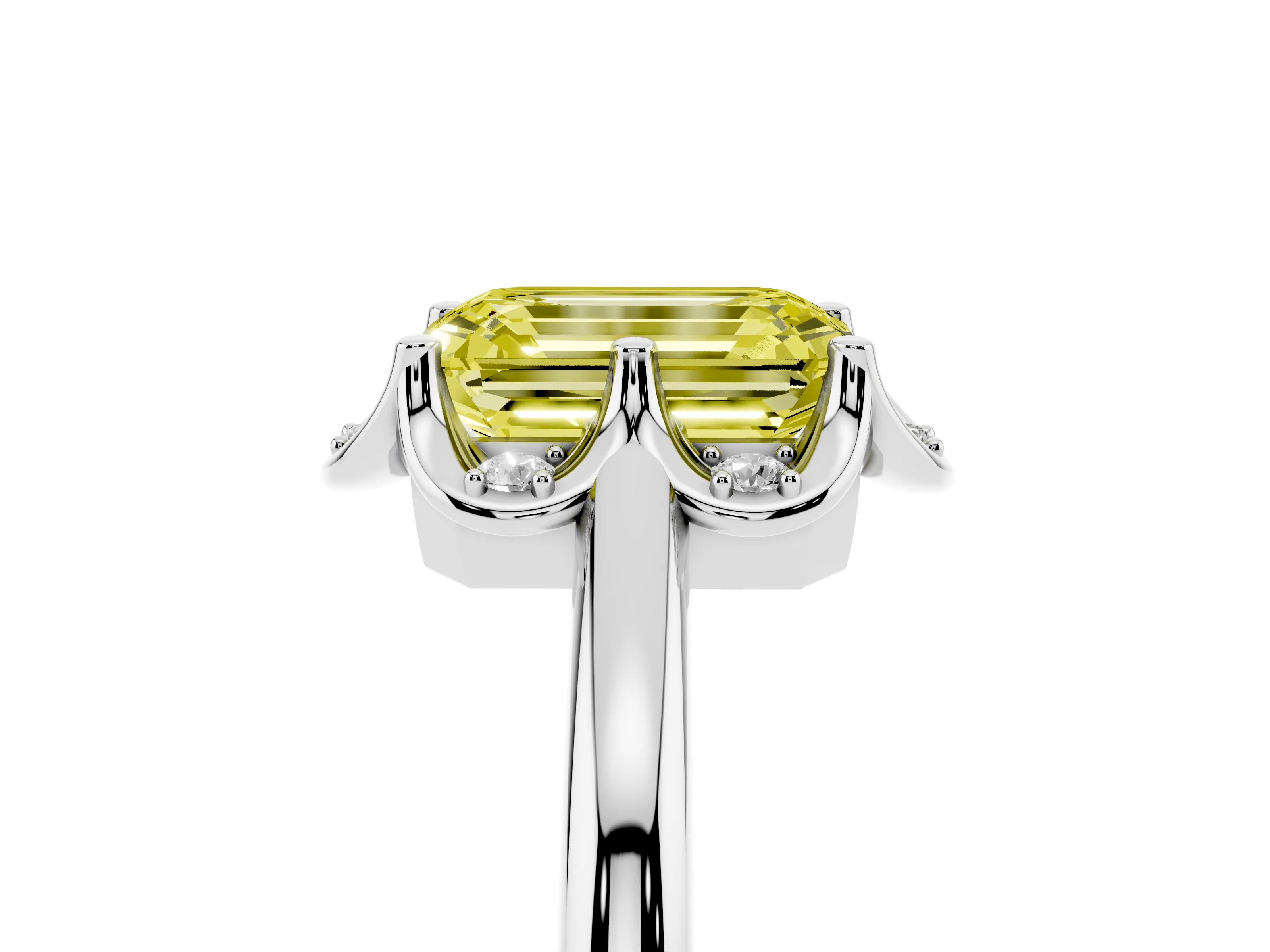 Fancy Yellow Emerald Cut Diamond Round Cluster Halo Ring Set in White gold with Solitaire Band and Prong Setting
