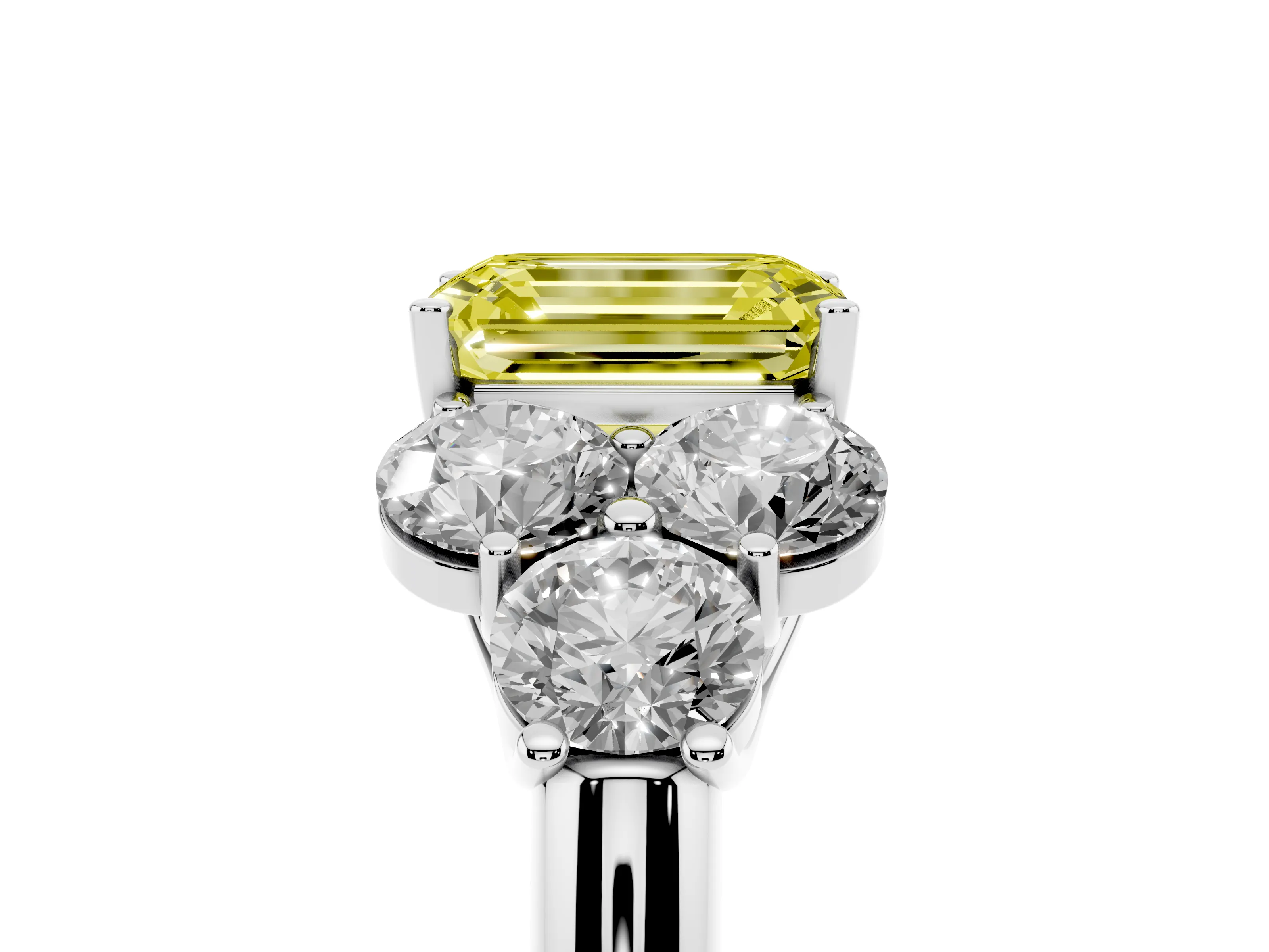 Fancy Yellow Emerald Cut Diamond Cluster Ring Set in White gold with Round Accent Stones and Prong Setting on a Plain Band