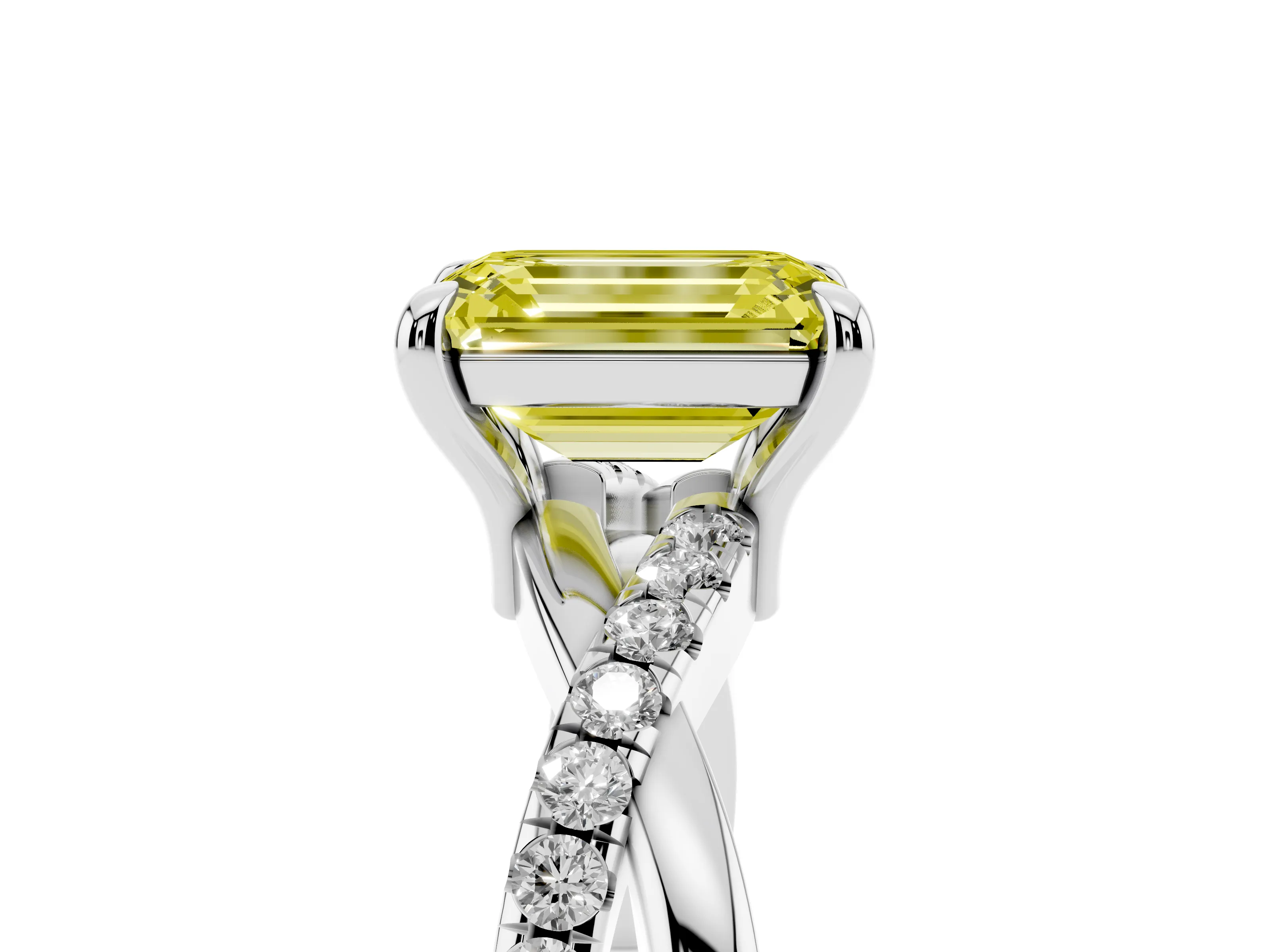Fancy Yellow Emerald Cut Diamond Twist Band Pavé Solitaire Ring Set in Silver with Prong Setting