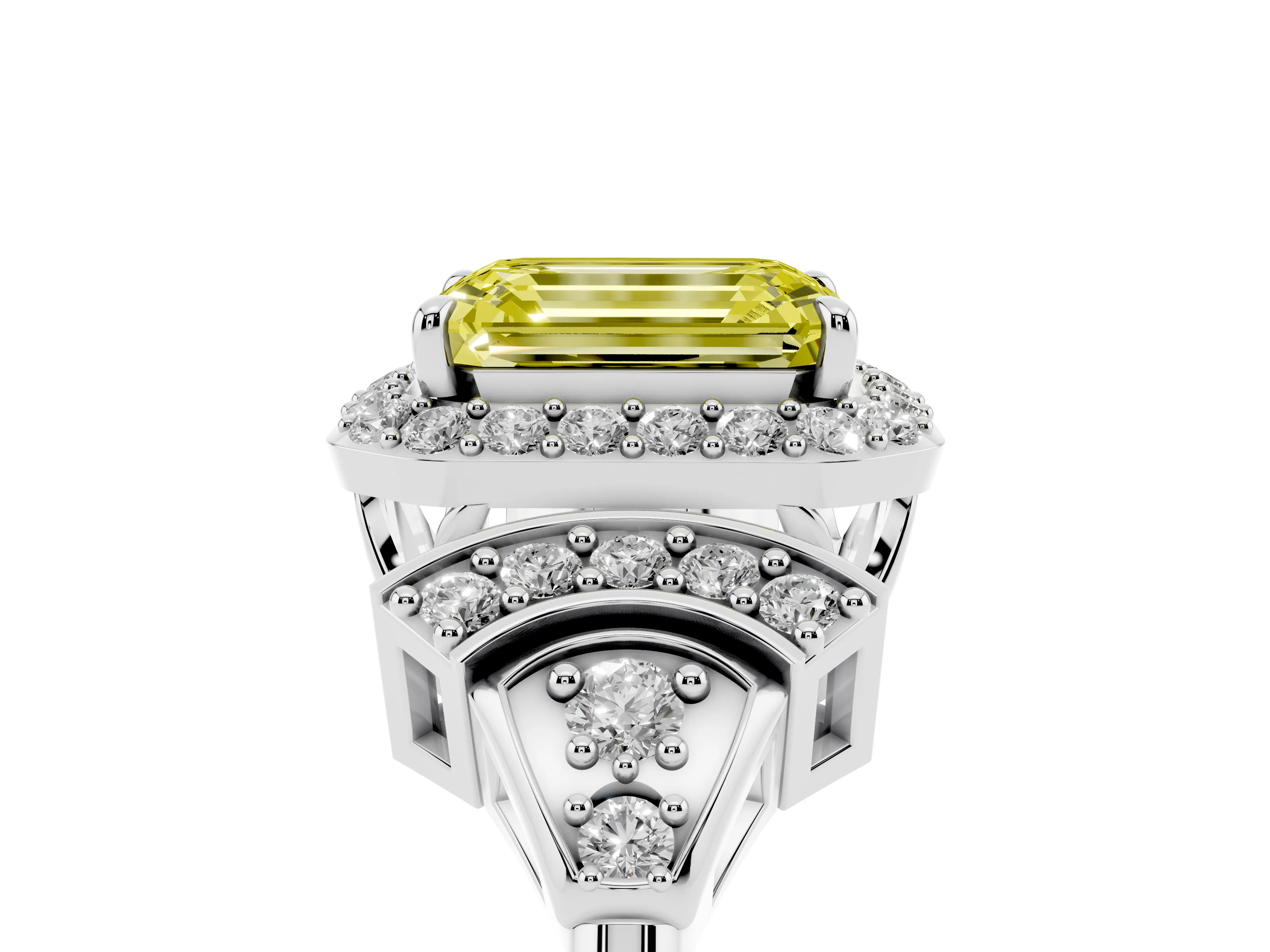 Fancy Yellow Emerald Cut Diamond Halo Engagement Ring Set in White gold with Accent Stone Split Shank