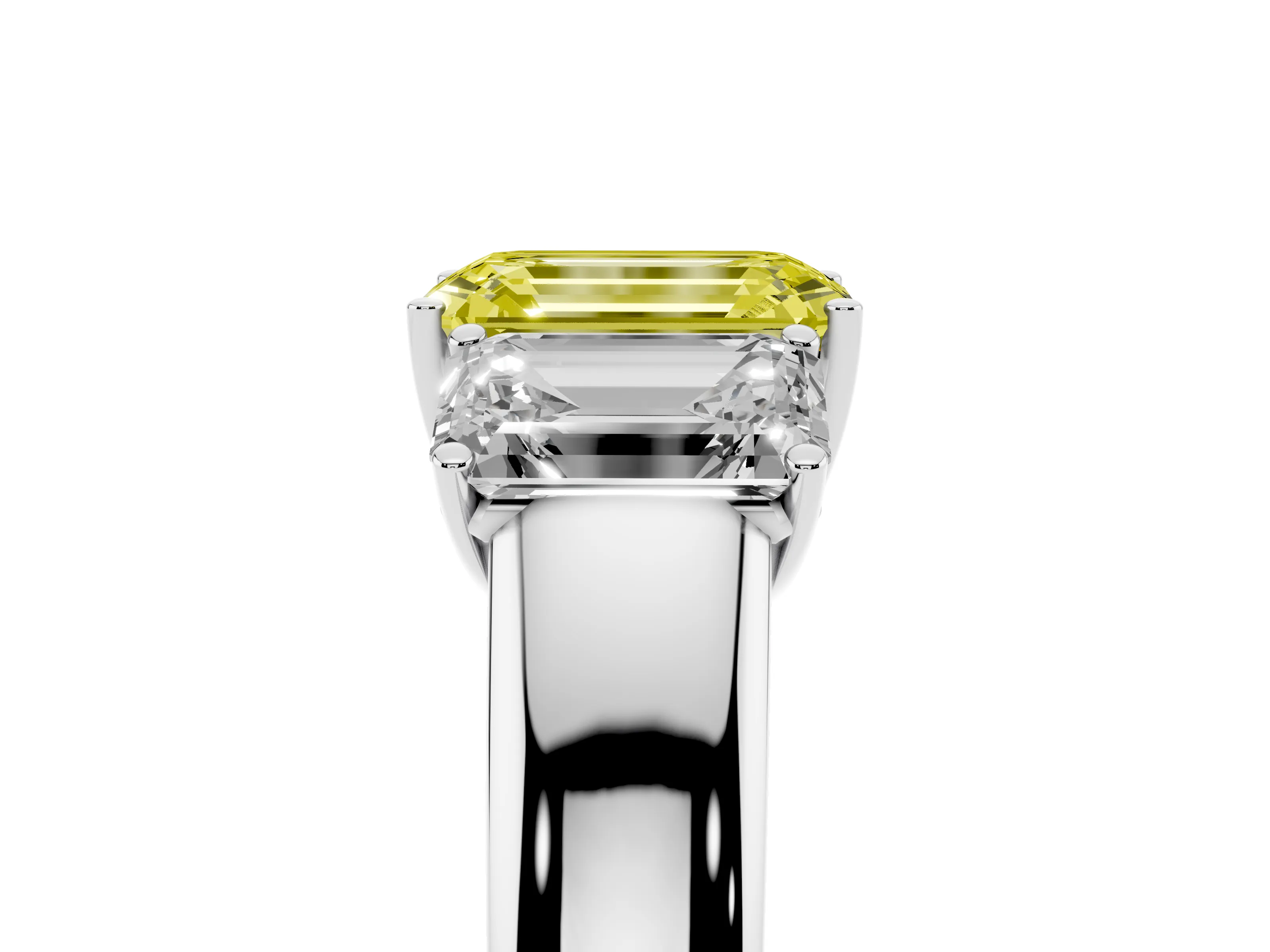 Fancy Yellow Three-Stone Emerald Cut Diamond Ring Set in White gold with Matching Prong Settings and Plain Band