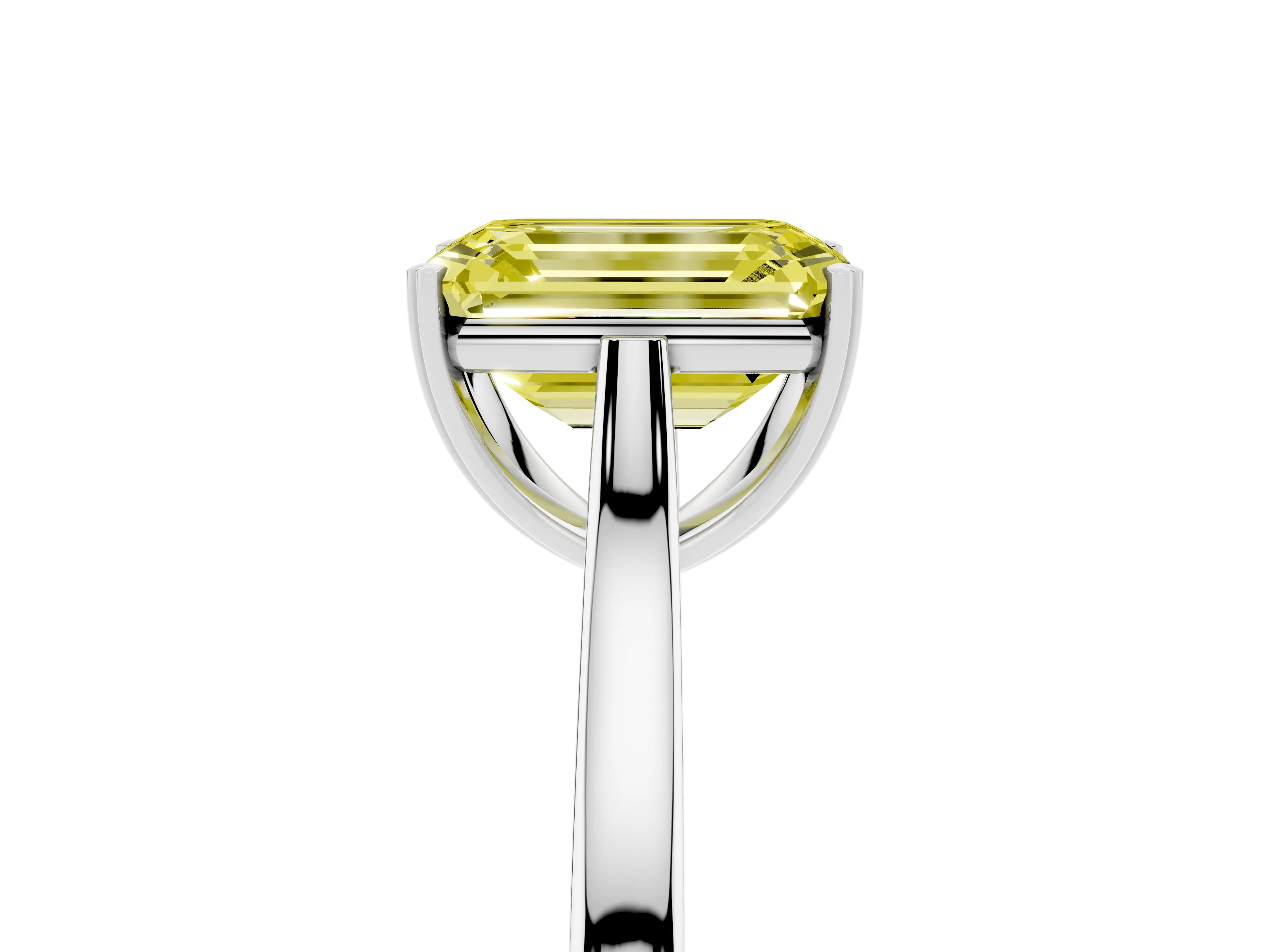Fancy Yellow Emerald Cut Diamond Solitaire Heart Prong Engagement Ring Set in Platinum with Tapered Band