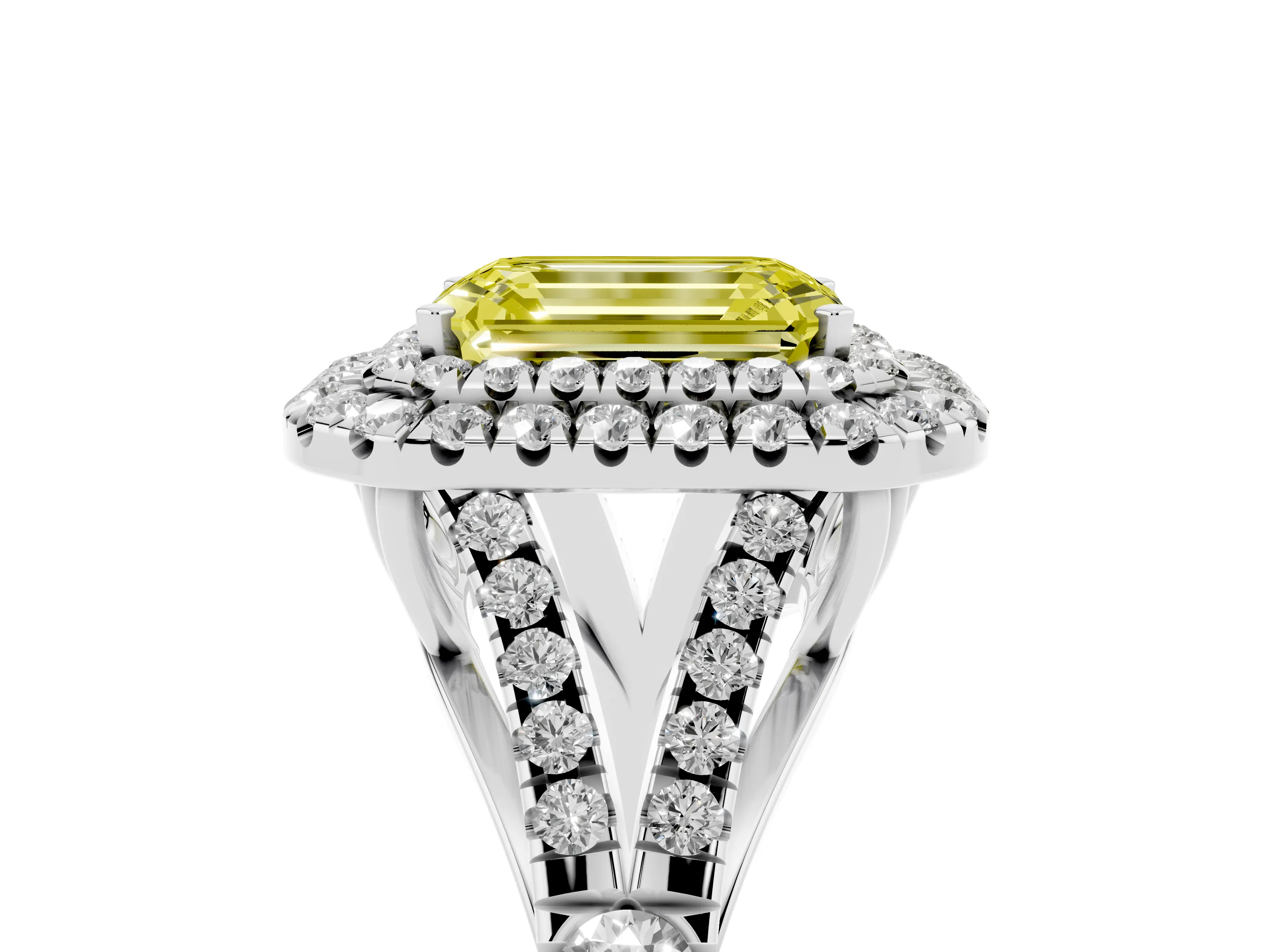Fancy Yellow Emerald Cut Diamond Pavé Split Shank Double Halo Engagement Ring Set in Silver