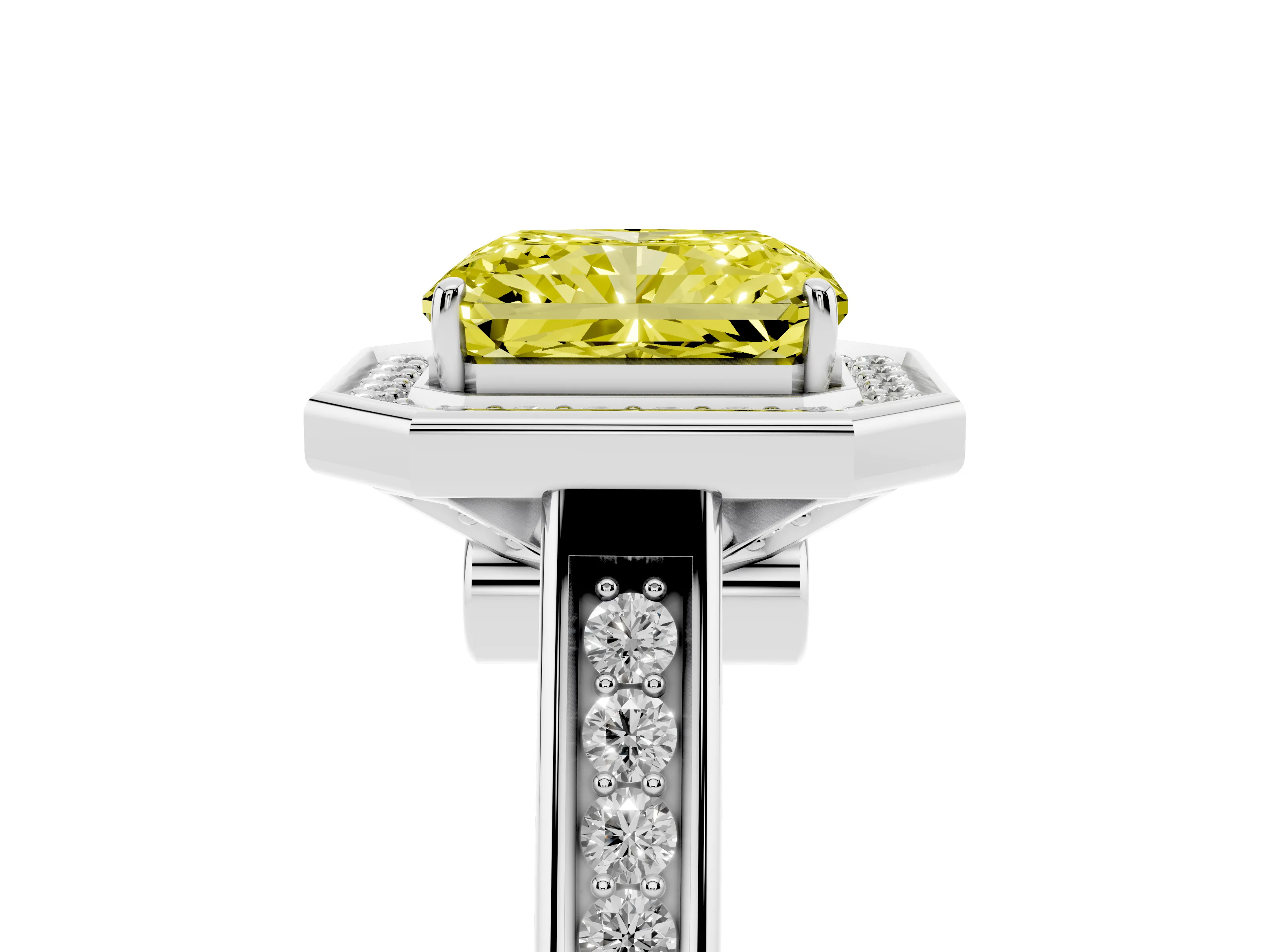 Fancy Yellow Emerald Cut Diamond Halo Solitaire Ring Set in Silver with Pavé Band and Bezel Setting