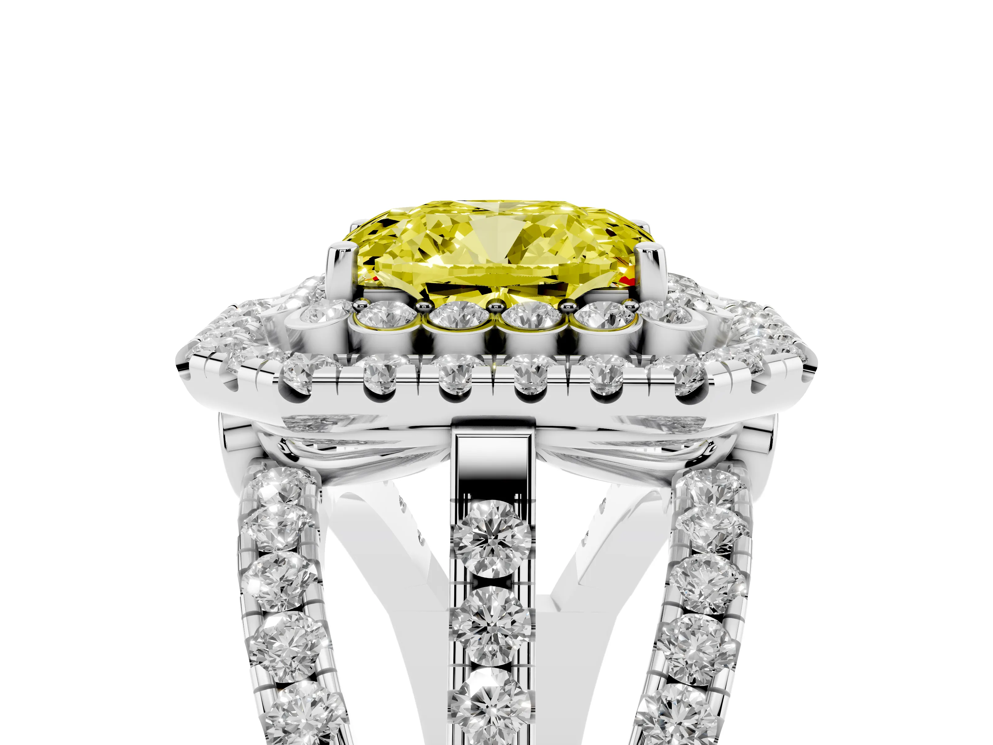 Fancy Yellow Emerald Cut Diamond Double Halo Ring Set in Silver with Round Pavé Split Shank