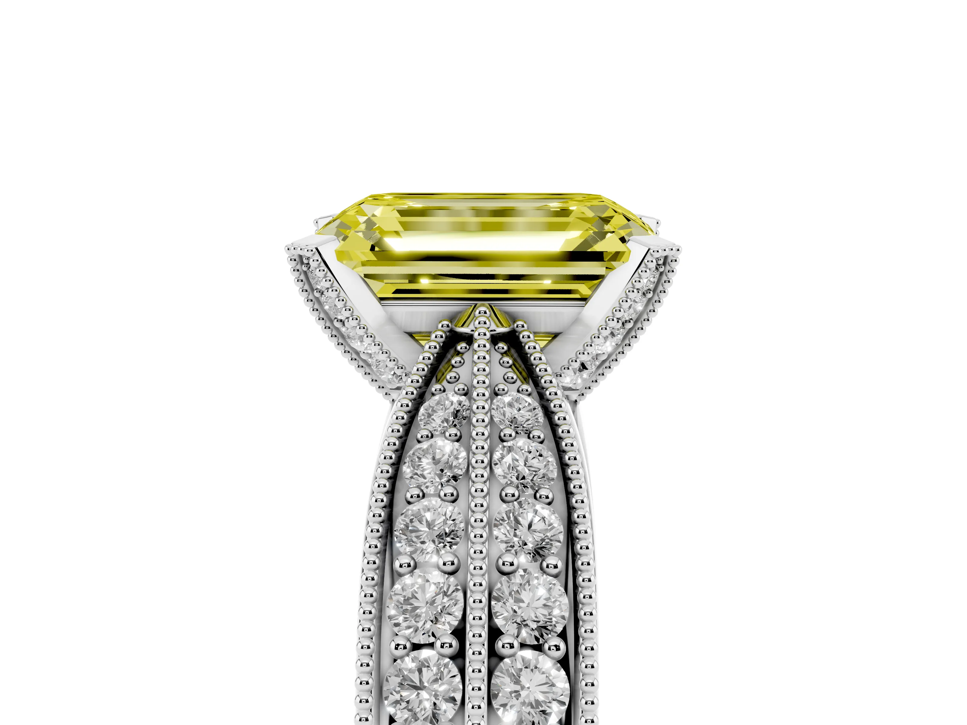 Fancy Yellow Emerald Cut Diamond Solitaire Ring Set in Platinum with Milgrain Double Row Round Pavé Band