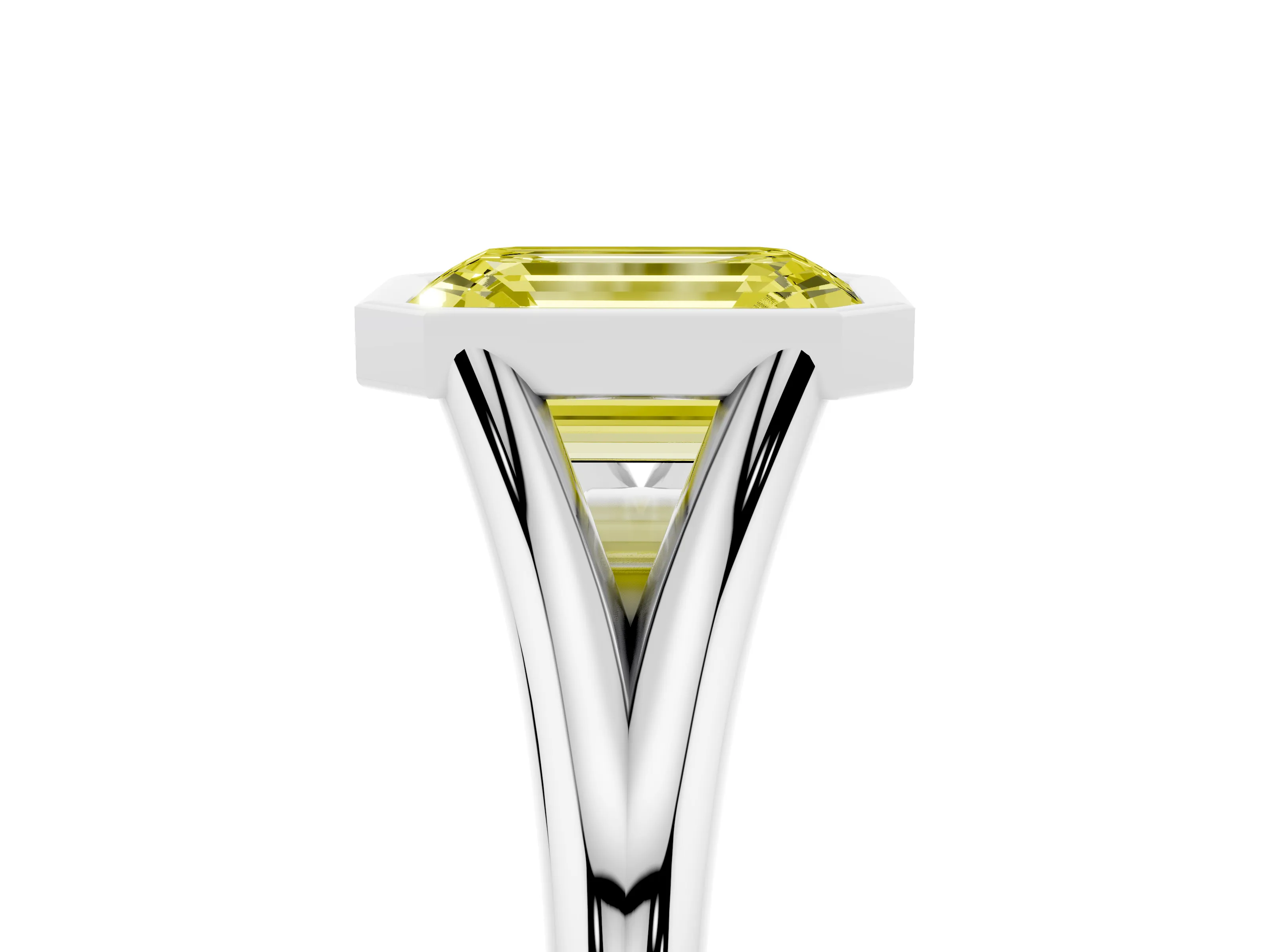 Fancy Yellow Bezel Set Emerald Cut Diamond Solitaire Ring Set in Platinum with Tapered Band