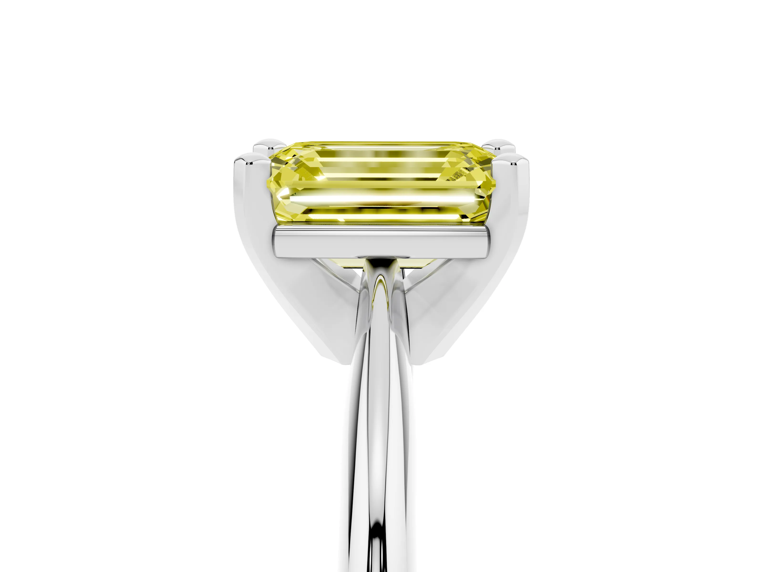 Fancy Yellow Emerald Cut Diamond Solitaire Ring Set in Silver with Prong Setting on a Plain Round Band
