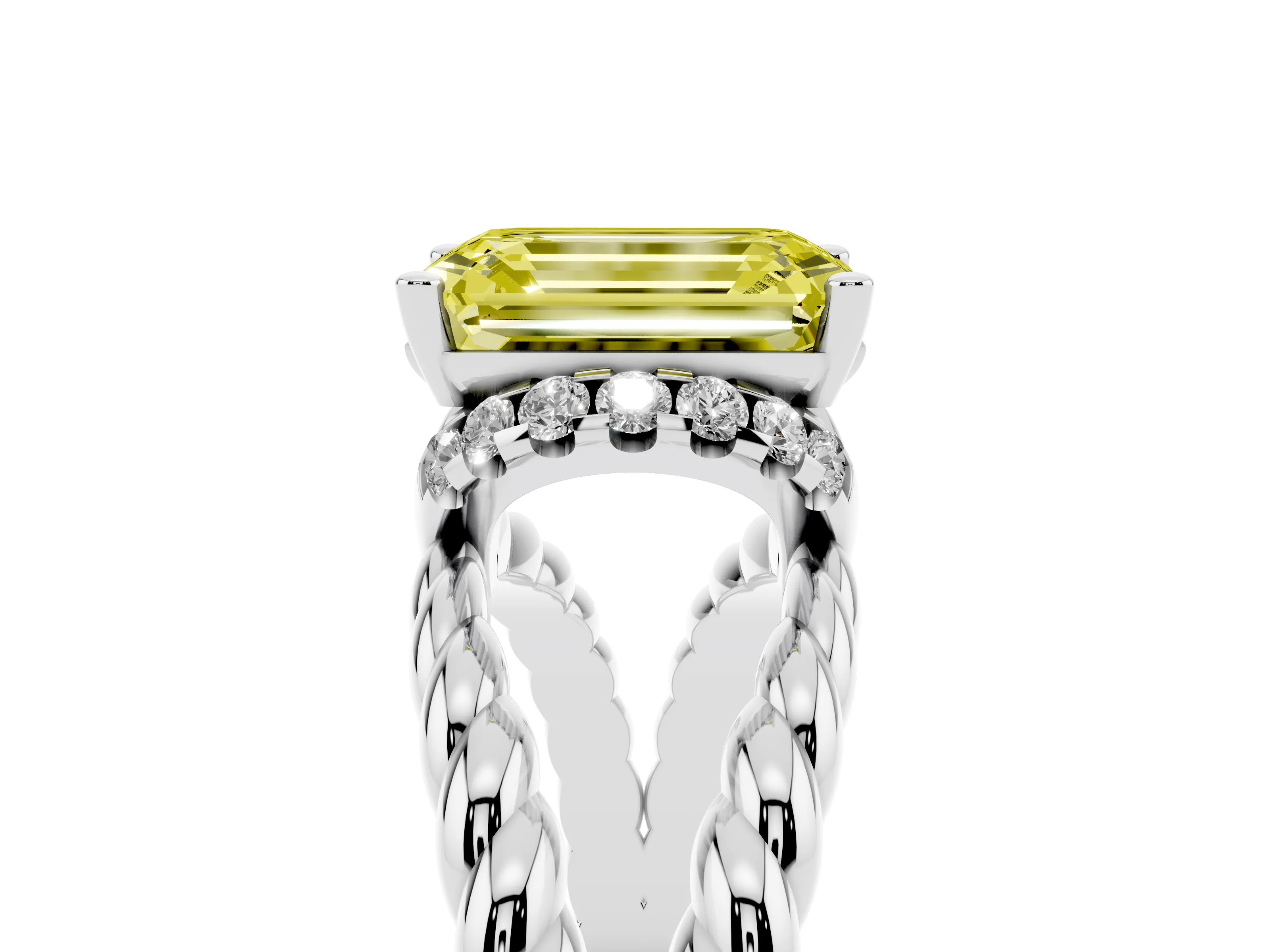 Fancy Yellow Emerald Cut Diamond Halo Ring Set in White gold with Twisted Band and Prong Setting