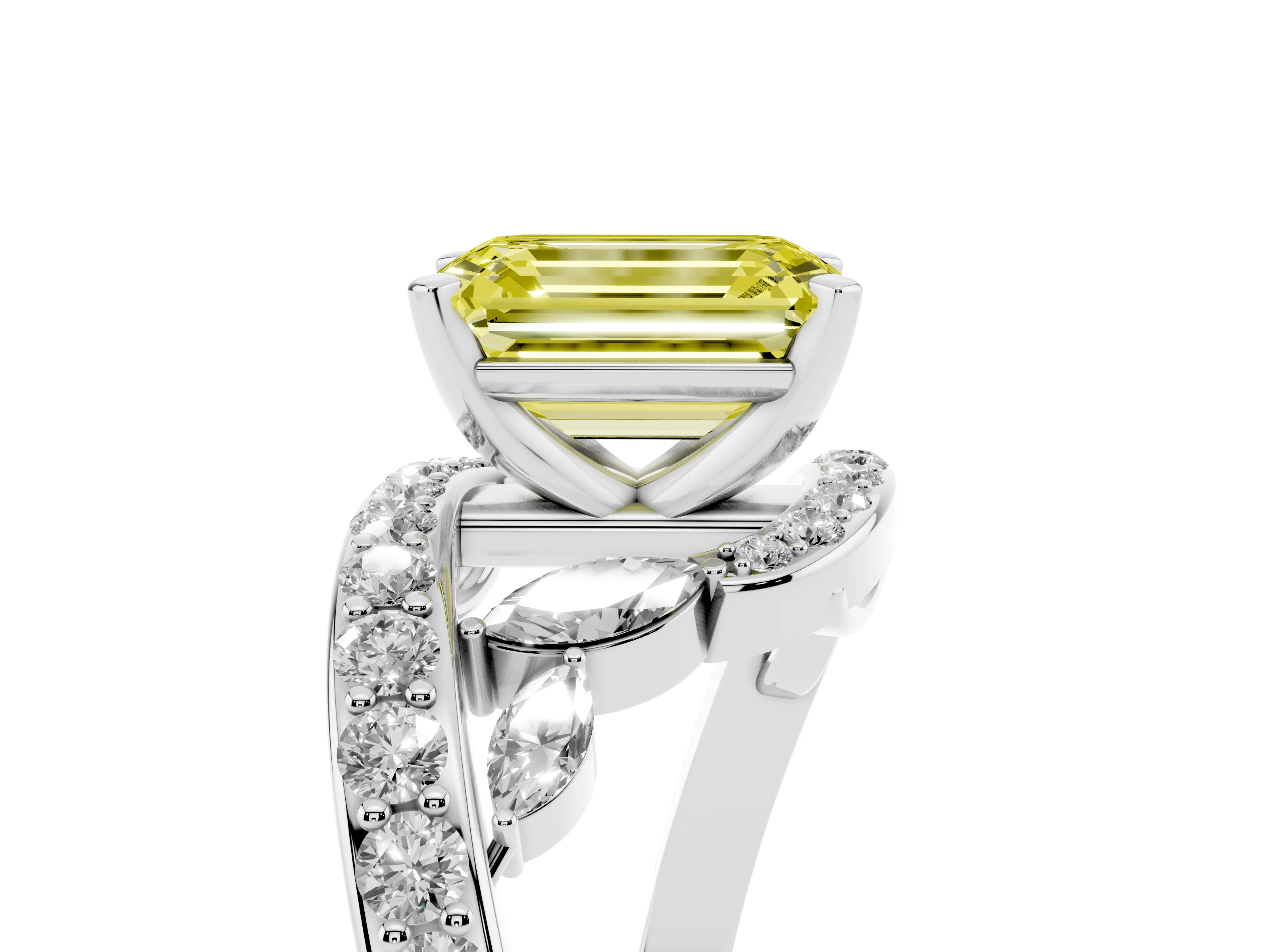 Fancy Yellow Emerald Cut Diamond Solitaire Ring Set in White gold with Pavé Twist Band and Secure Prong Setting
