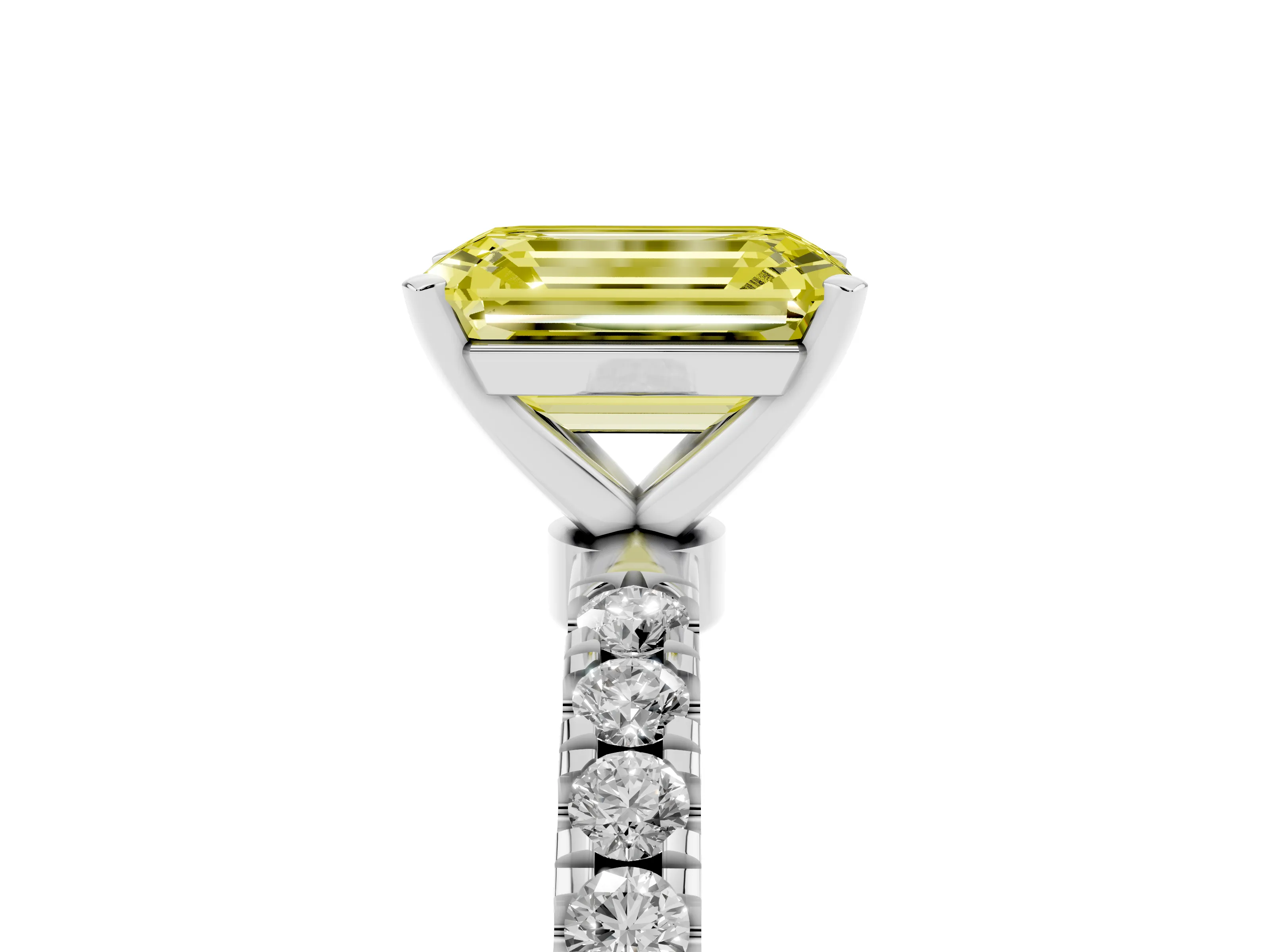 Fancy Yellow Emerald Cut Diamond Solitaire Ring Set in Silver with Pavé Accents and Prong Setting
