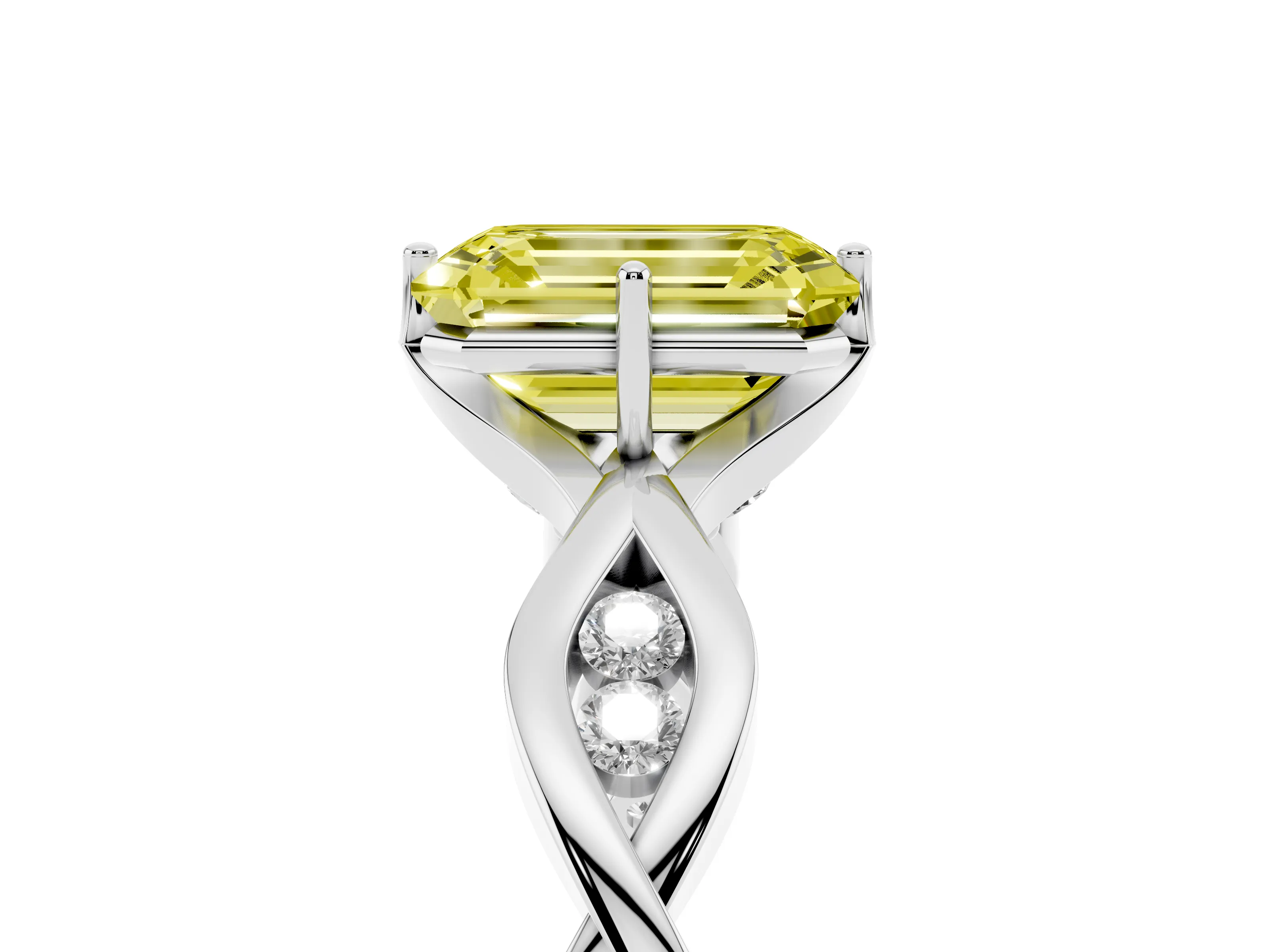 Fancy Yellow Emerald Cut Diamond Twist Band Solitaire Ring Set in Platinum with Leaf Prong Setting and Accent Stones