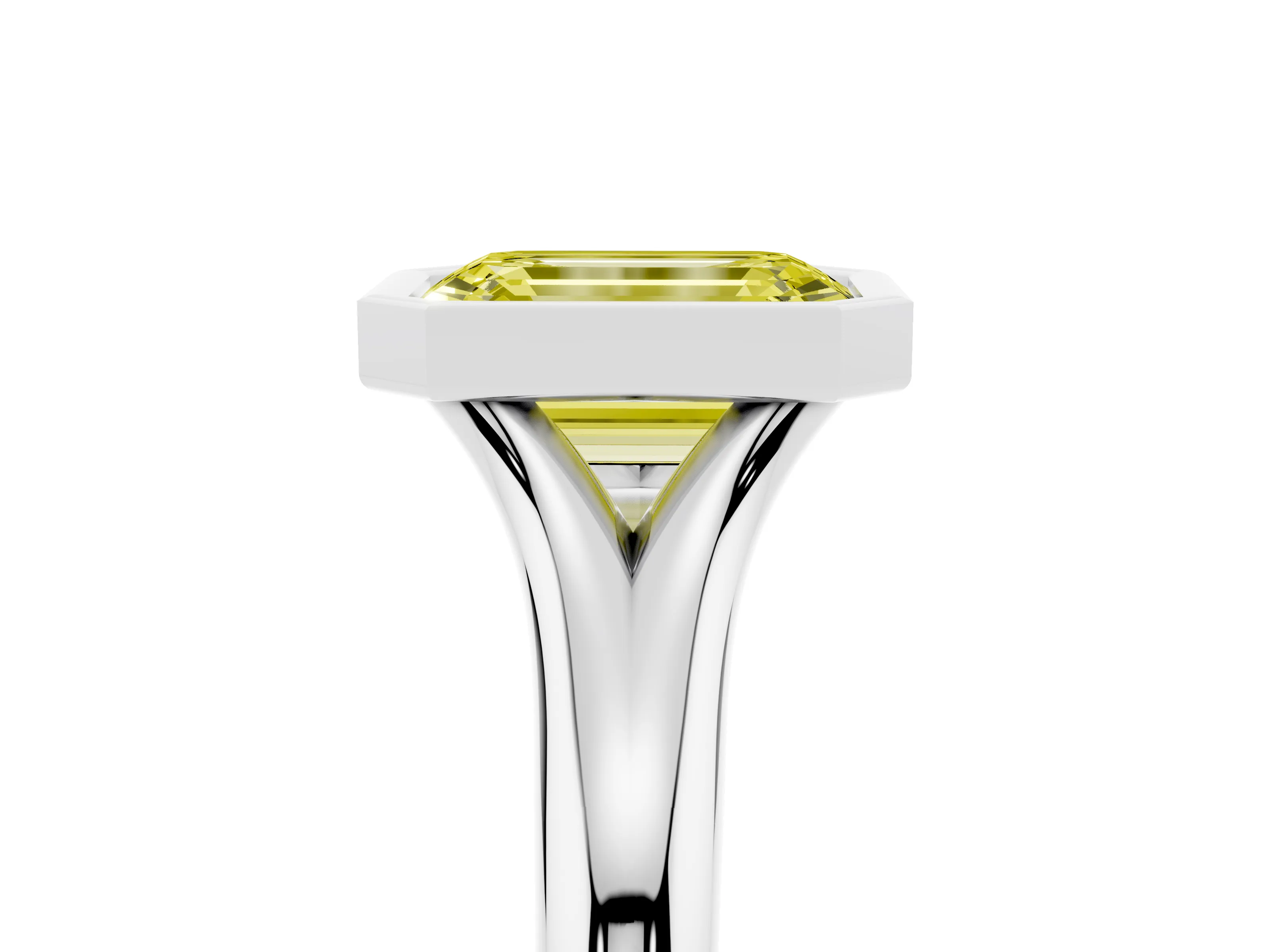 Fancy Yellow Bezel Set Emerald Cut Diamond Solitaire Ring Set in White gold with Smooth Band