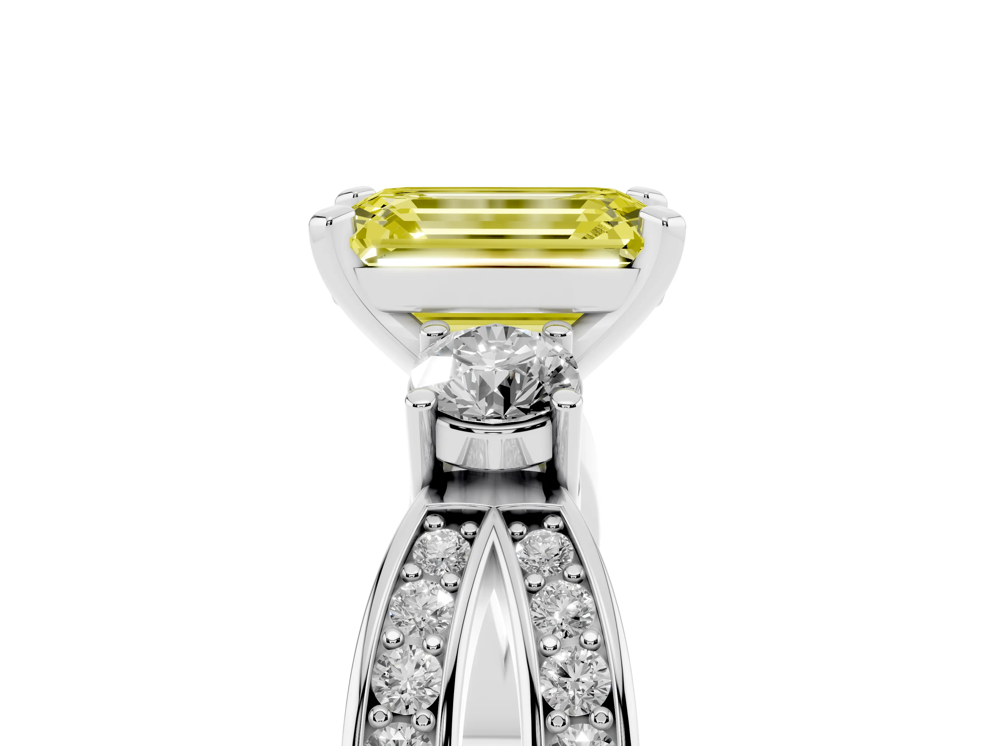 Fancy Yellow Three-Stone Emerald Cut Diamond Twist Band Ring Set in Platinum with Pavé Accents and Prong Setting