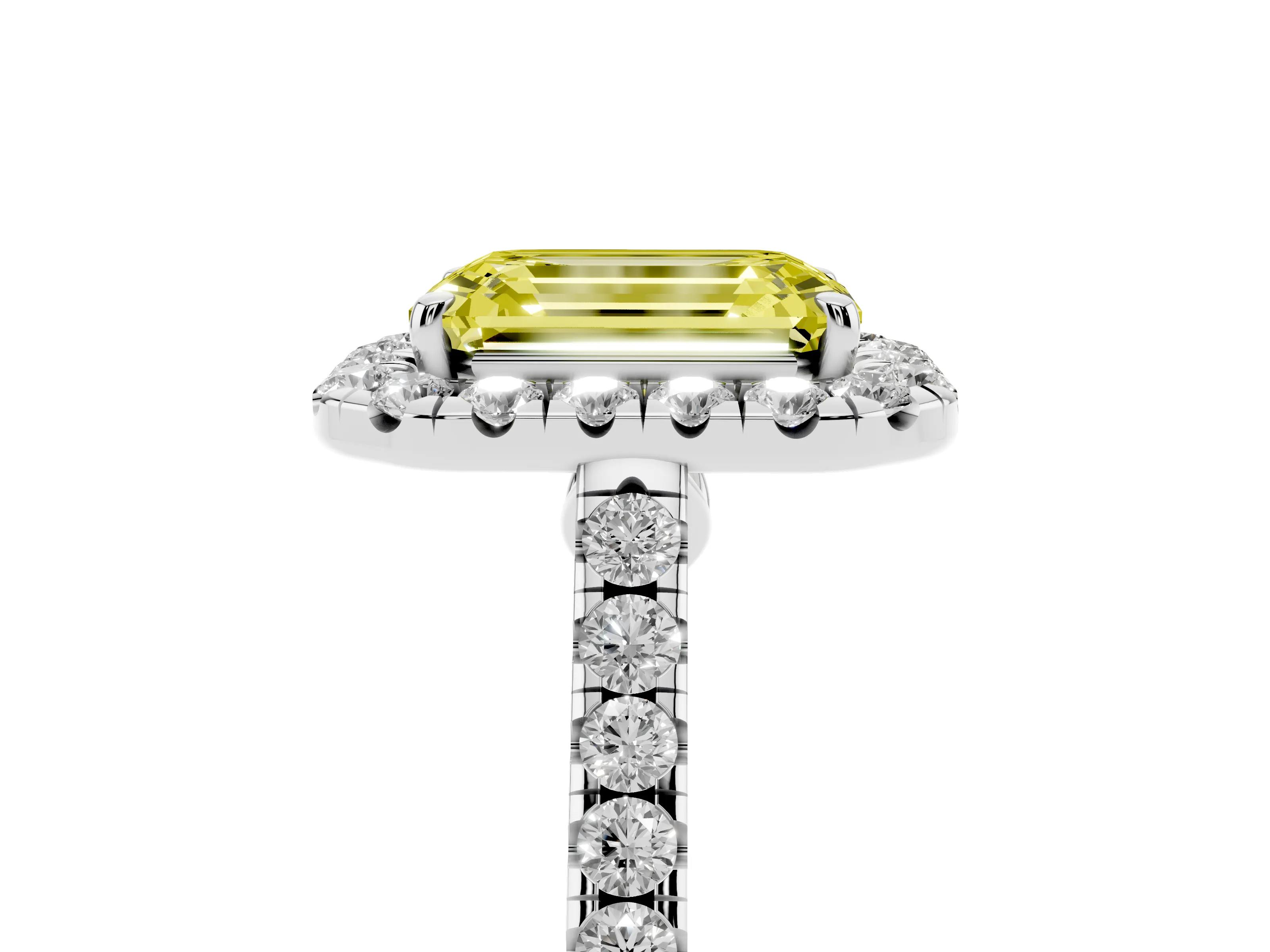 Fancy Yellow Emerald Cut Diamond Halo Pavé Engagement Ring Set in Platinum with Prong Setting