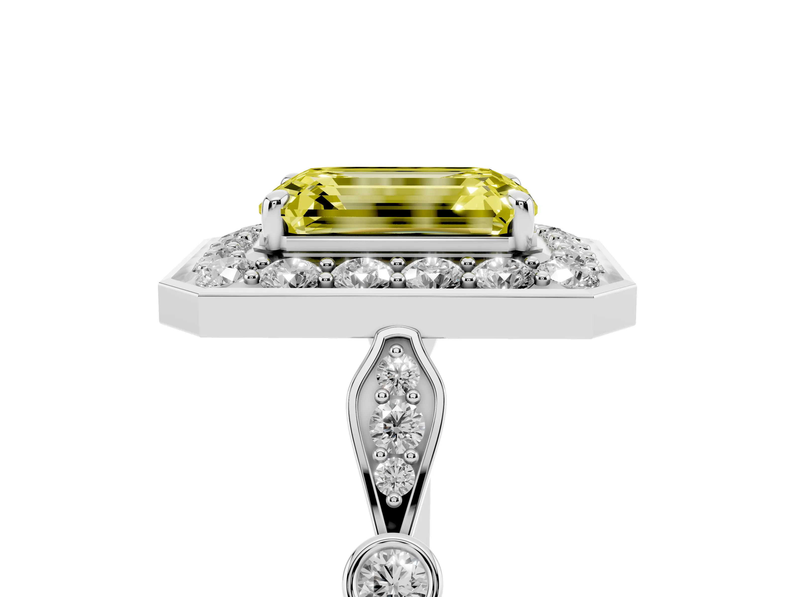 Fancy Yellow Emerald Cut Diamond Halo Engagement Ring Set in Platinum with Twisted Band and Prong Setting