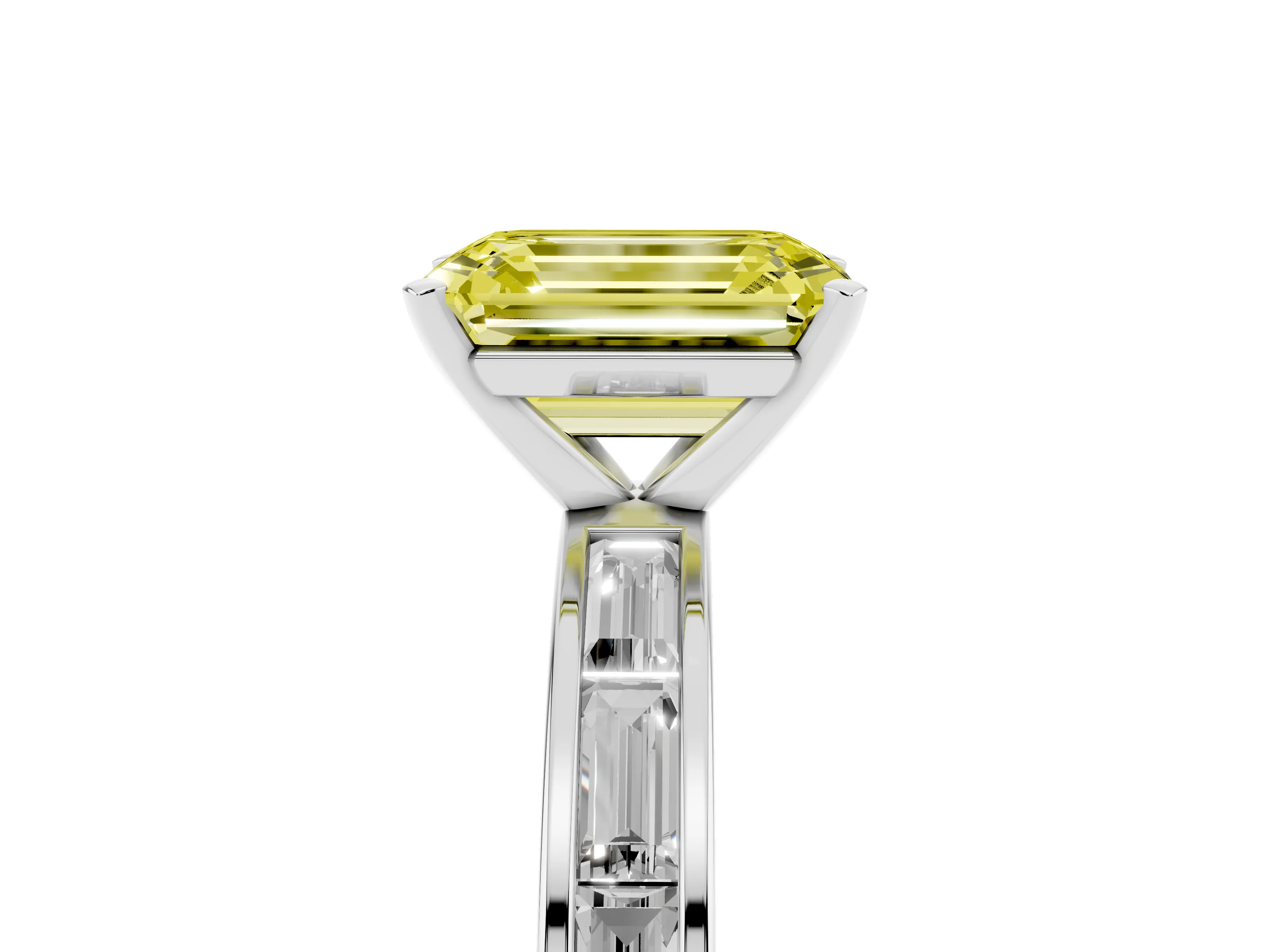 Fancy Yellow Emerald Cut Diamond Solitaire Ring Set in White gold with Channel-Set Baguette Band and Prong Setting