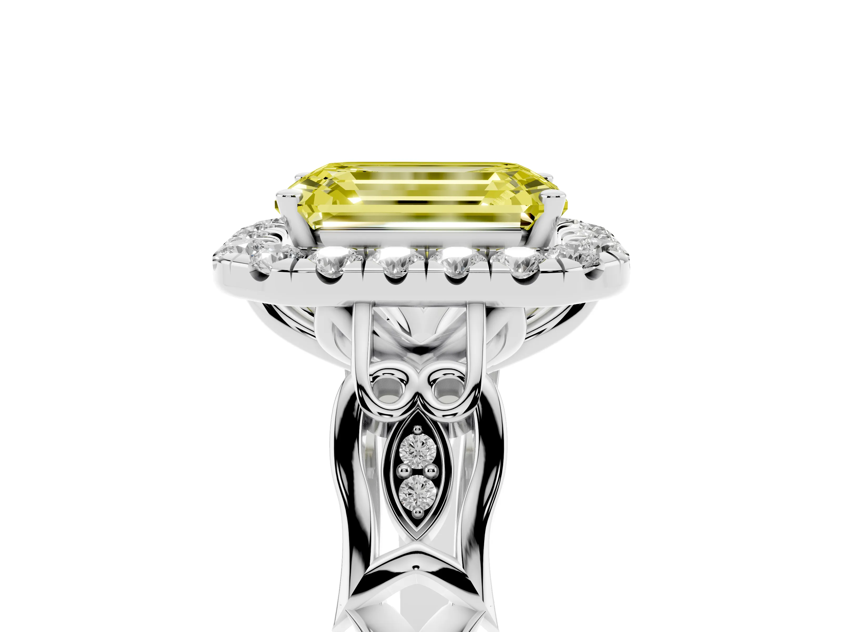 Fancy Yellow Emerald Cut Diamond Halo Engagement Ring Set in Platinum with Filigree Band and Prong-Set Center