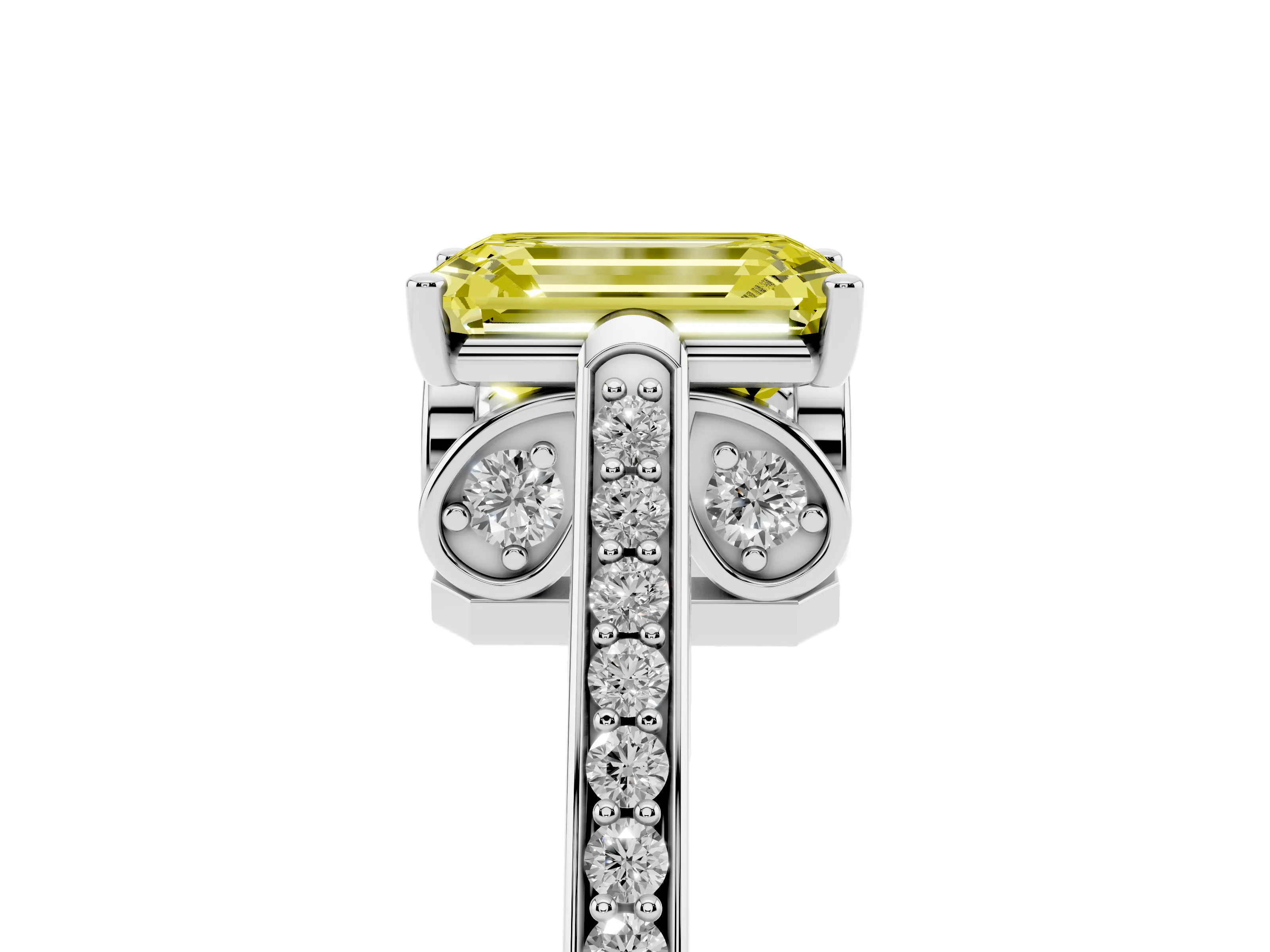 Fancy Yellow Emerald Cut Diamond Cathedral Pavé Engagement Ring Set in Silver with Prong Setting