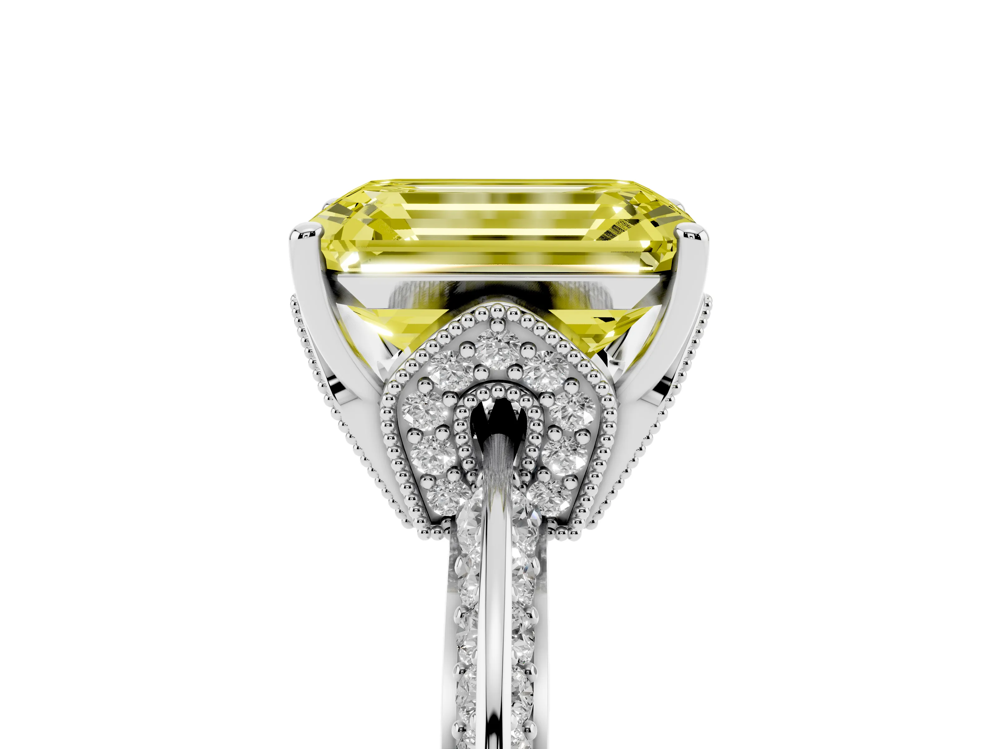 Fancy Yellow Emerald Cut Diamond Solitaire Engagement Ring Set in Platinum with Pavé Split Shank and Prong Setting