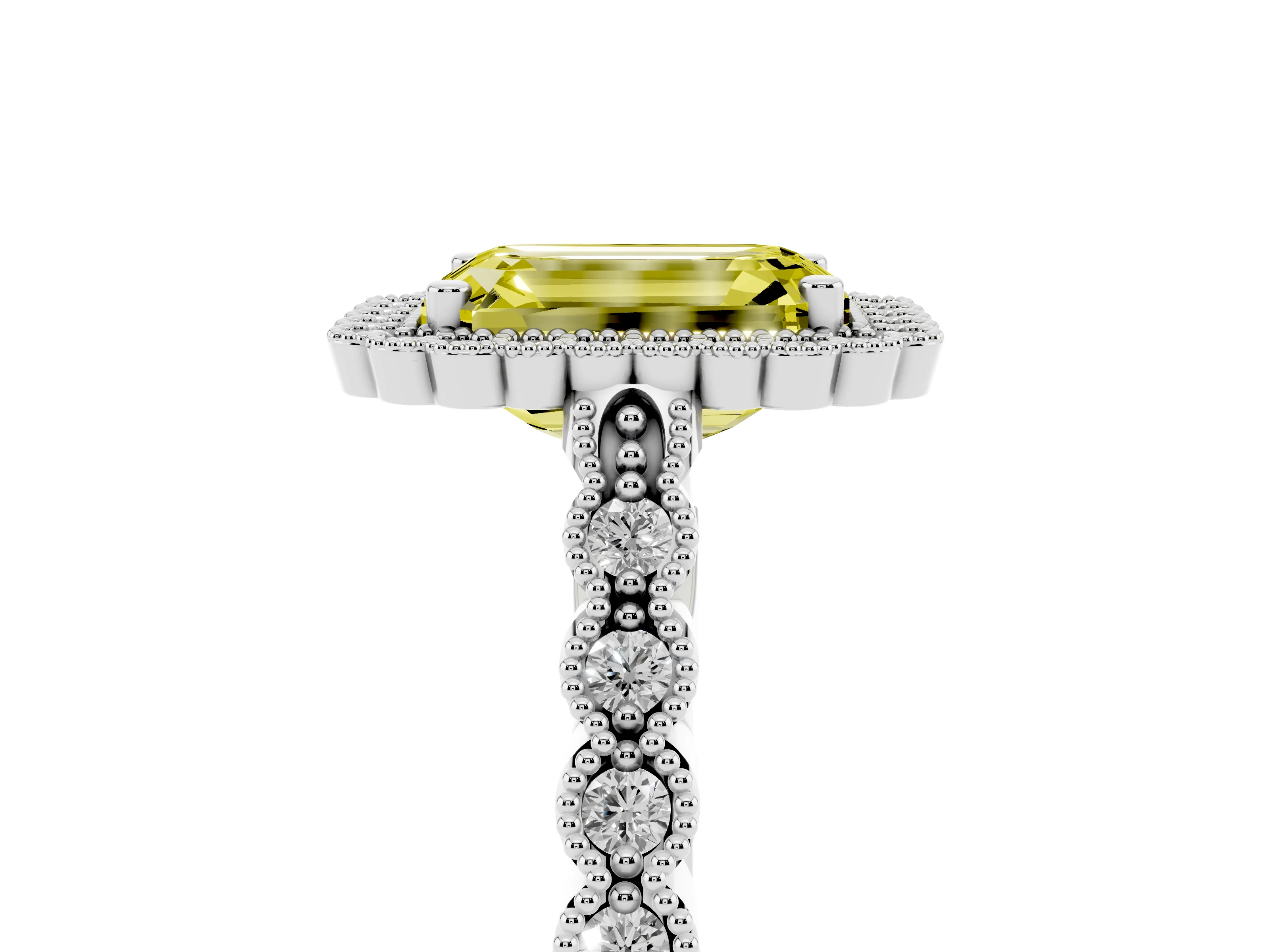 Fancy Yellow Emerald Cut Diamond Halo Ring Set in White gold with Pavé Milgrain Band