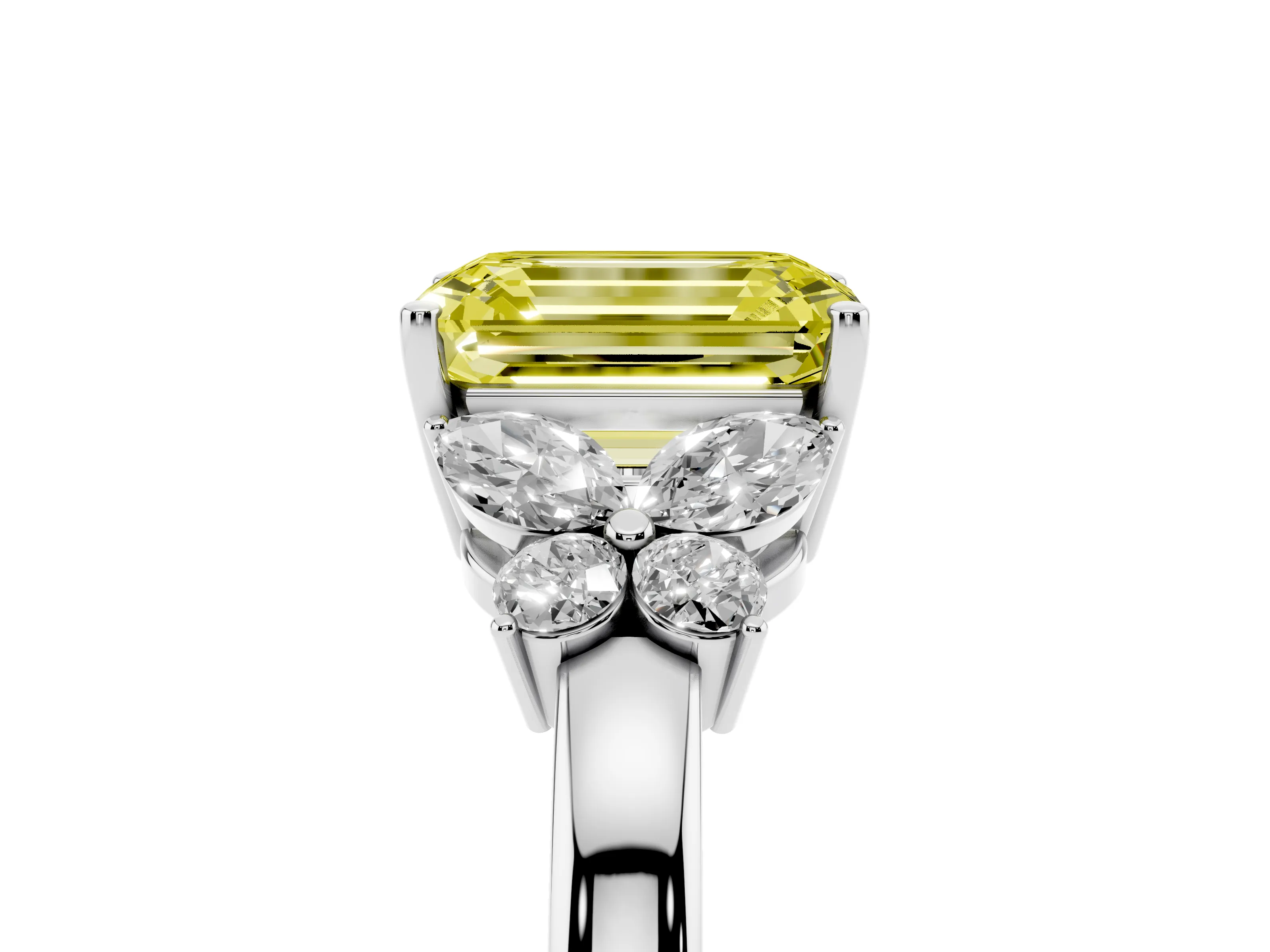Fancy Yellow Emerald Cut Diamond Solitaire Floral Ring Set in Silver with Marquise Petals and Prong Setting