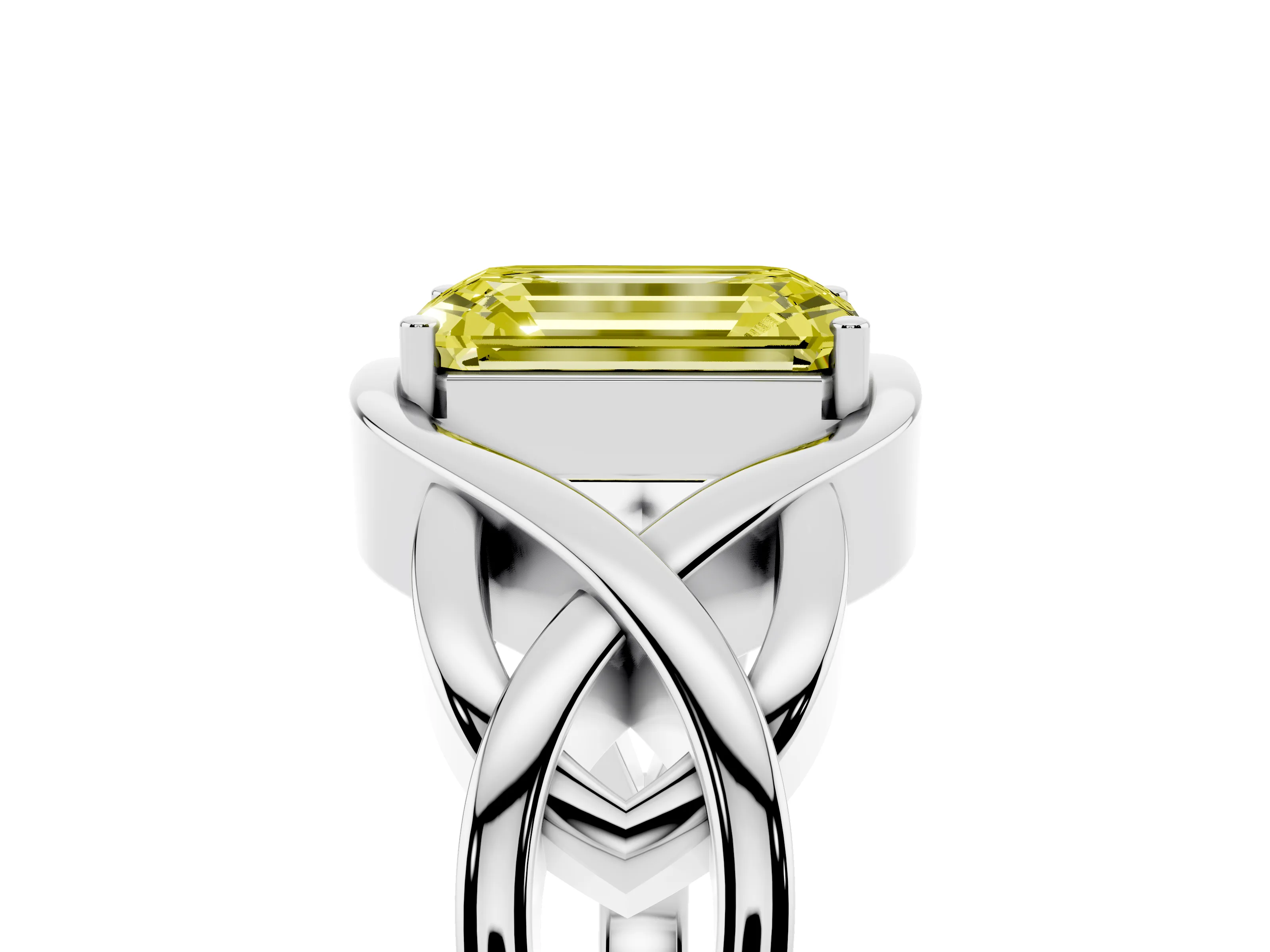 Fancy Yellow Emerald Cut Diamond Solitaire Ring Set in Platinum with Intertwined Band