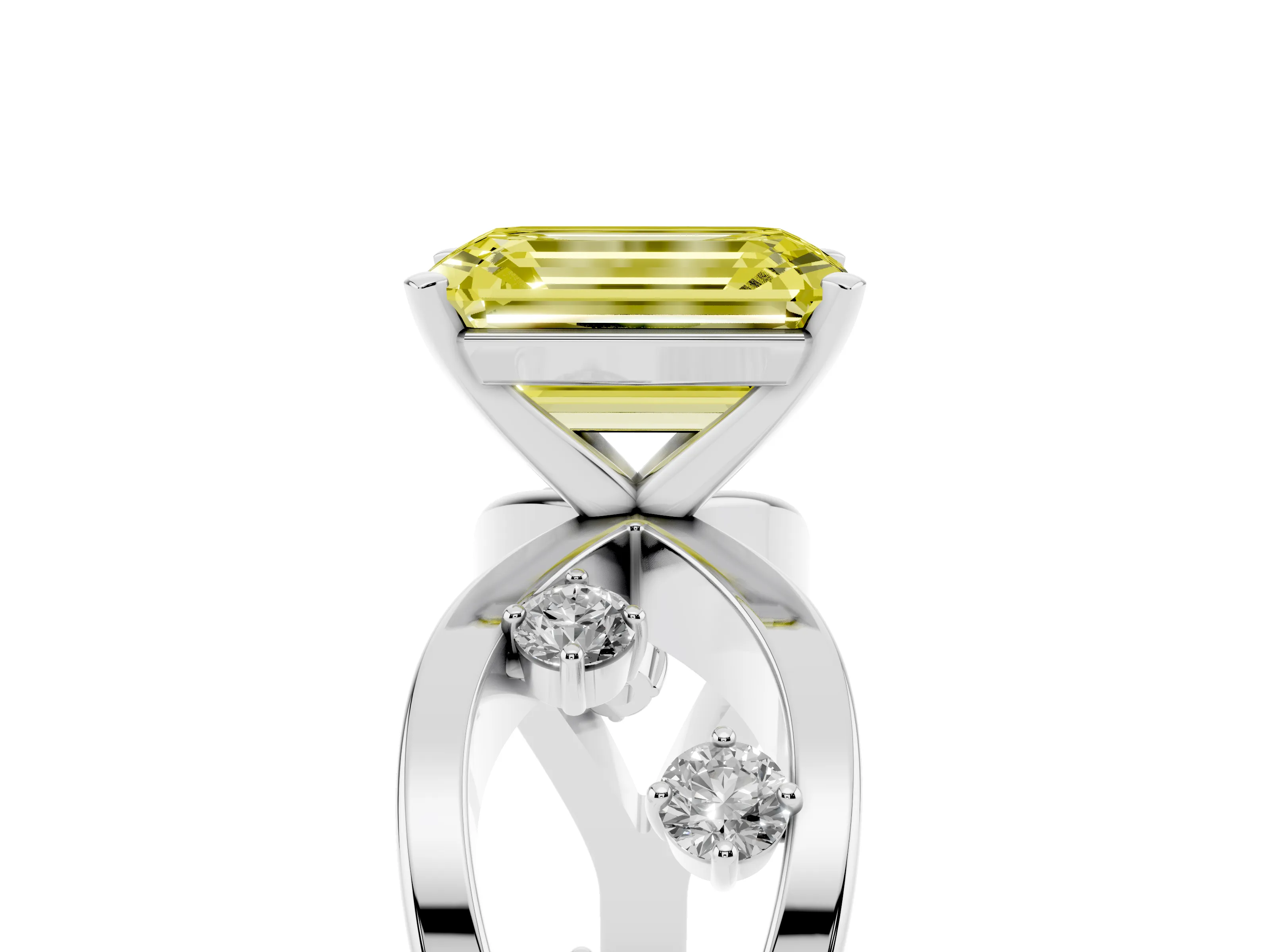 Fancy Yellow Emerald Cut Diamond Solitaire Ring Set in Platinum with Side Stones on Criss-Cross Band and Prong Setting