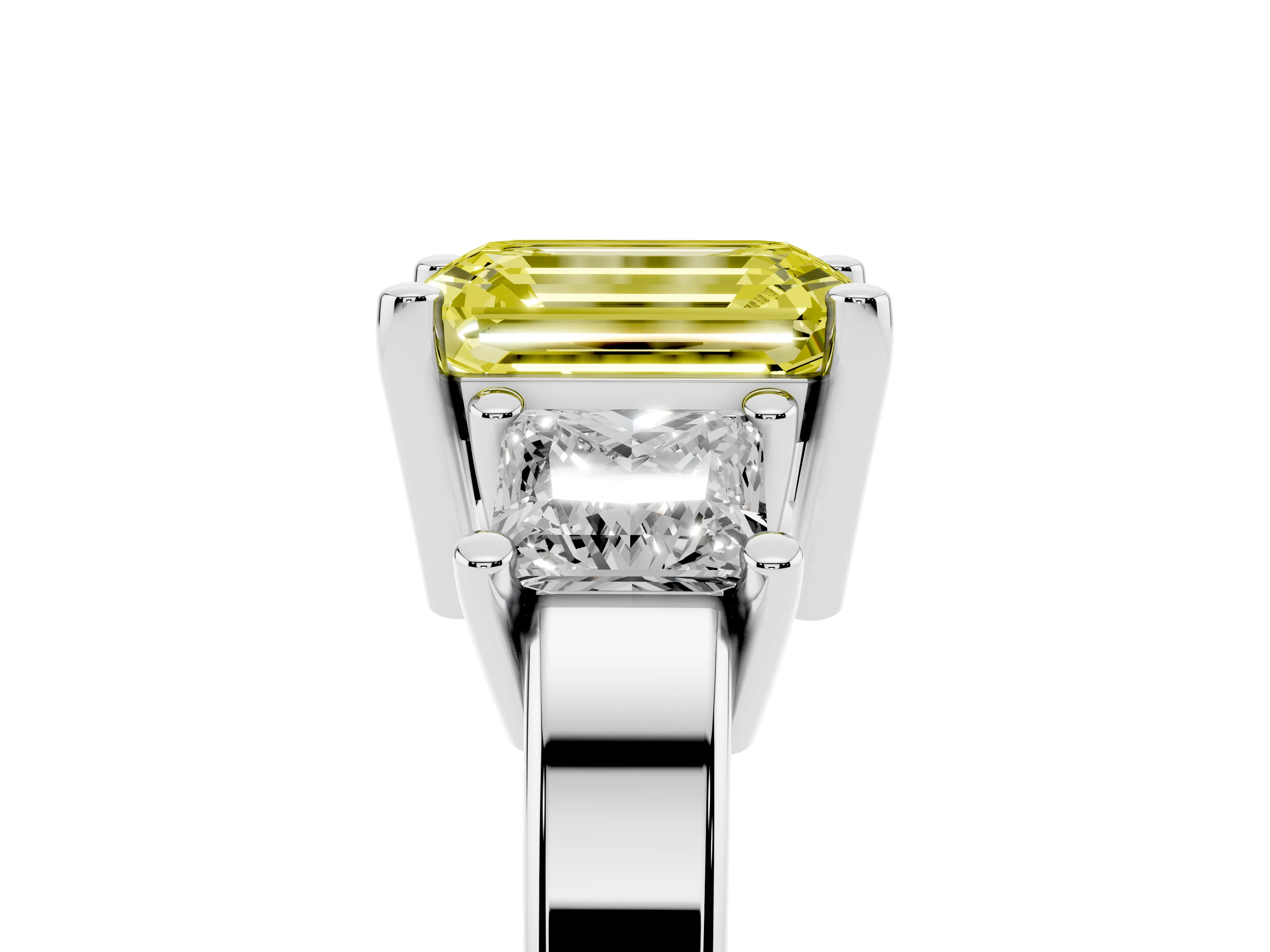 Fancy Yellow Three-Stone Emerald Cut Diamond Solitaire Ring Set in Platinum with Prong Setting