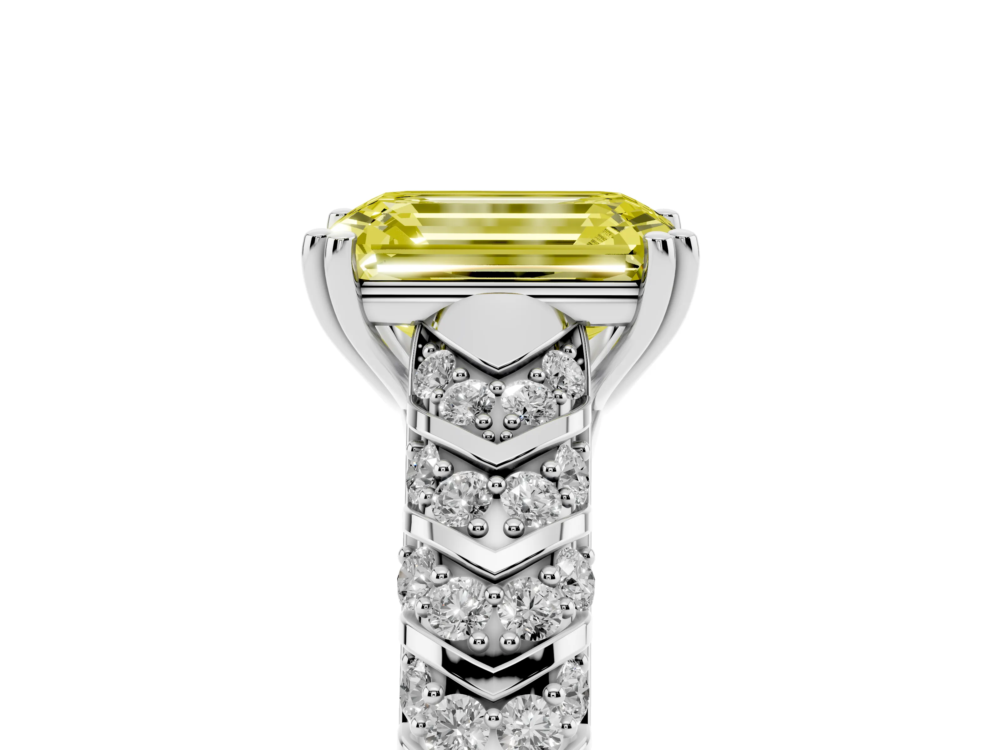 Fancy Yellow Emerald Cut Diamond Solitaire Chevron Pavé Engagement Ring Set in White gold with Prong Setting