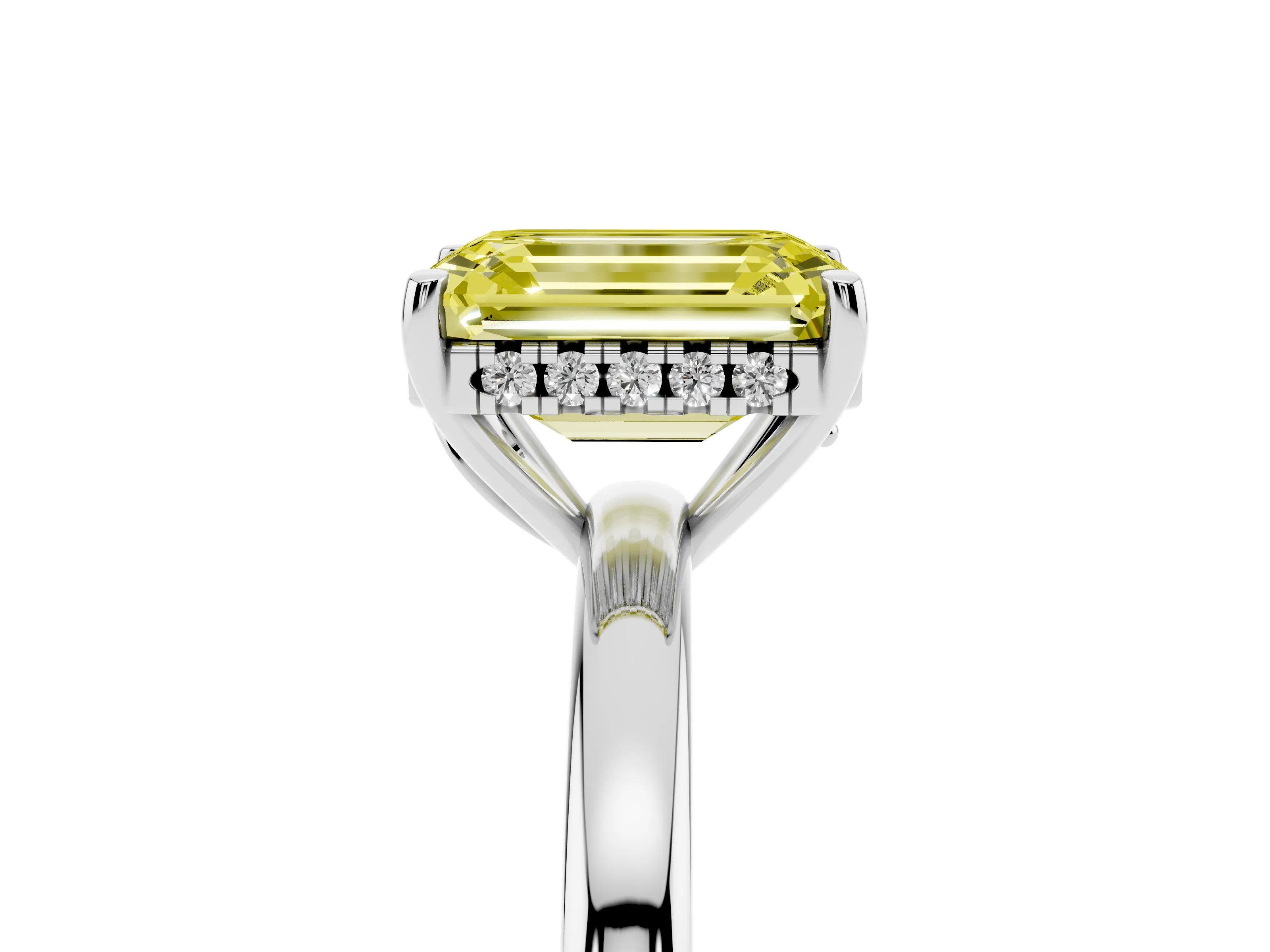 Fancy Yellow Emerald Cut Diamond Solitaire Ring Set in Silver with Plain Band and Prong Setting