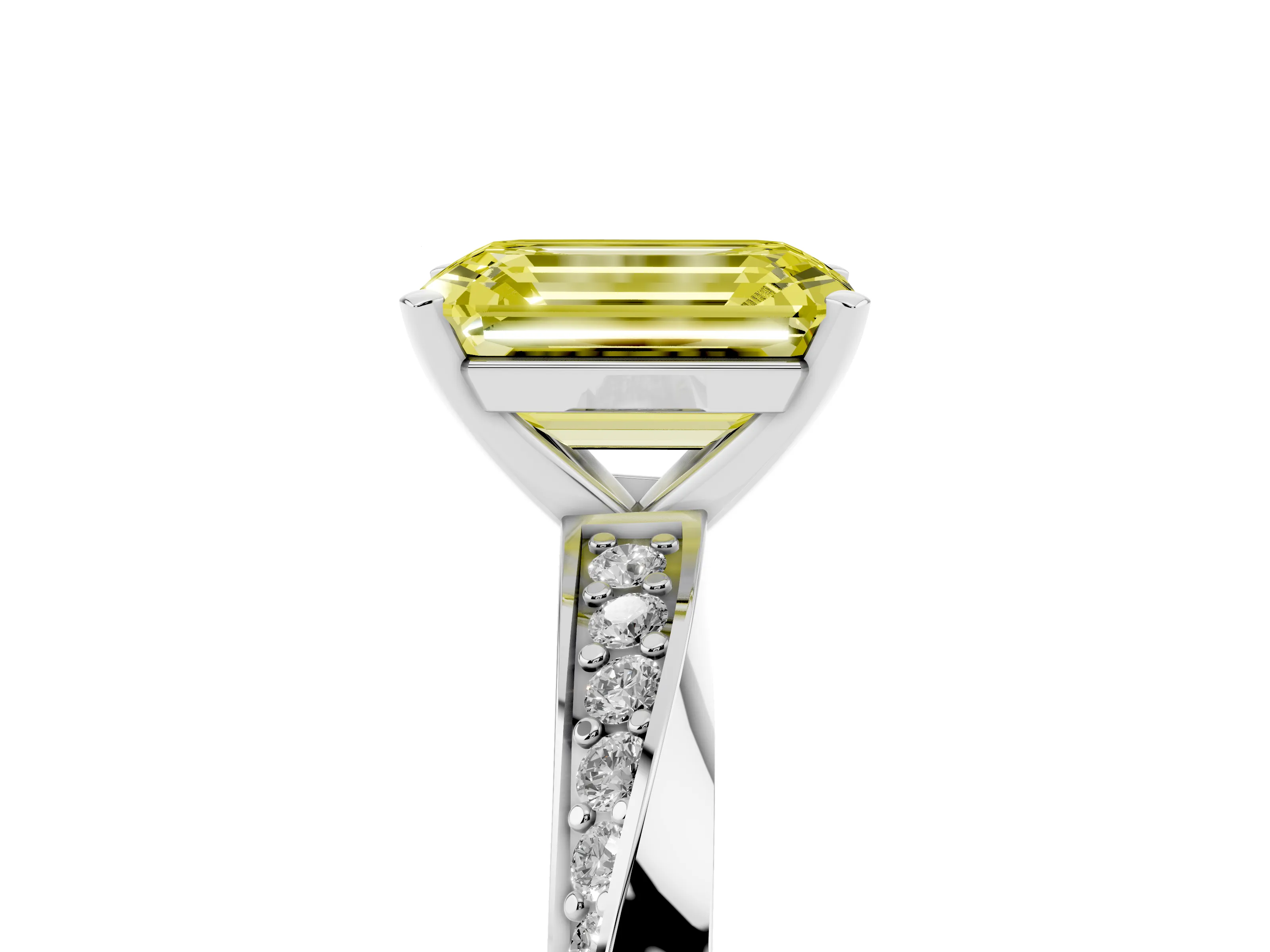 Fancy Yellow Emerald Cut Diamond Engagement Ring Set in Platinum with Side Stone Accents and Prong Setting