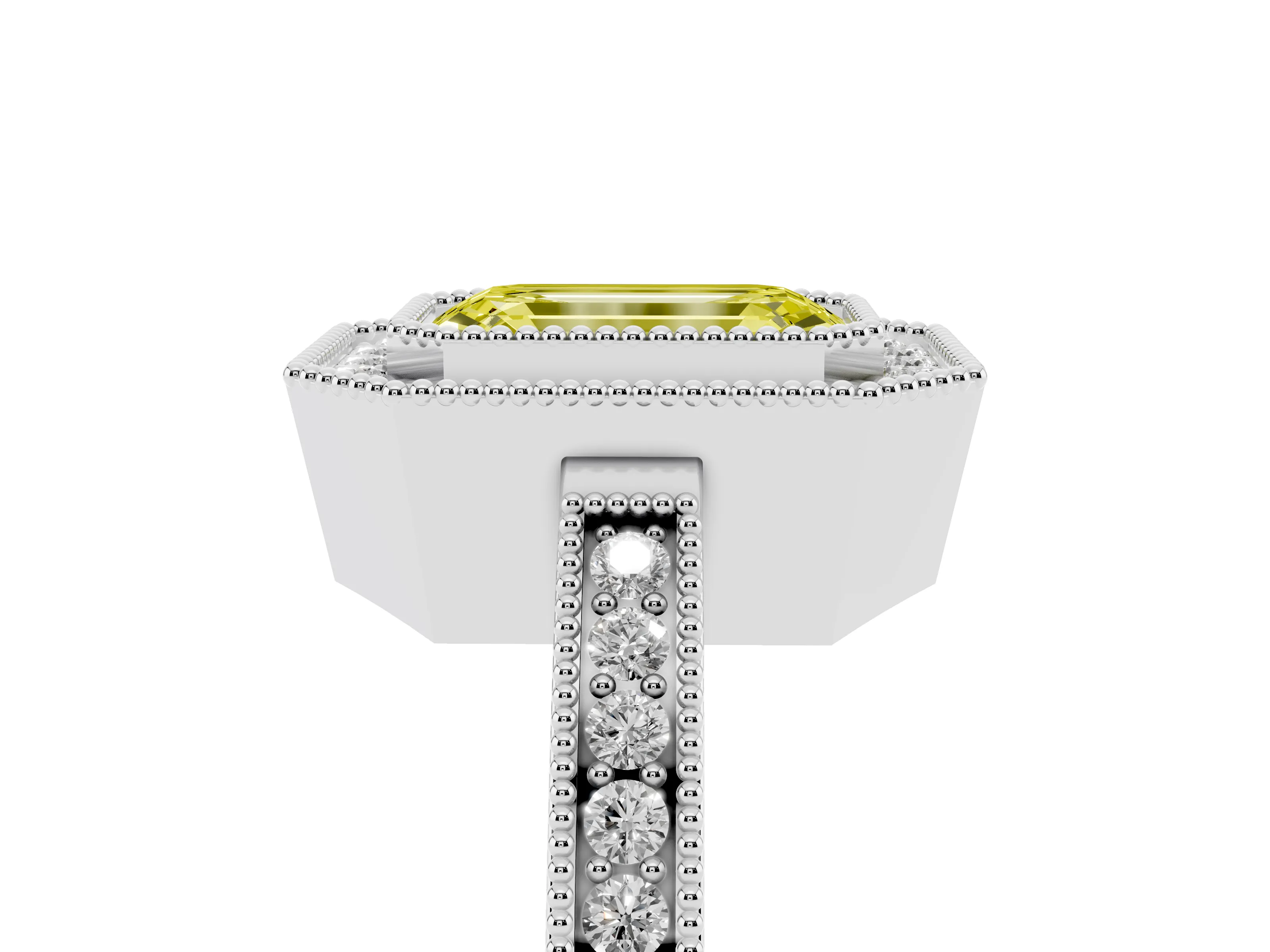 Fancy Yellow Emerald Cut Diamond Halo Ring Set in White gold with Pavé Band and Milgrain-Edged Prongs