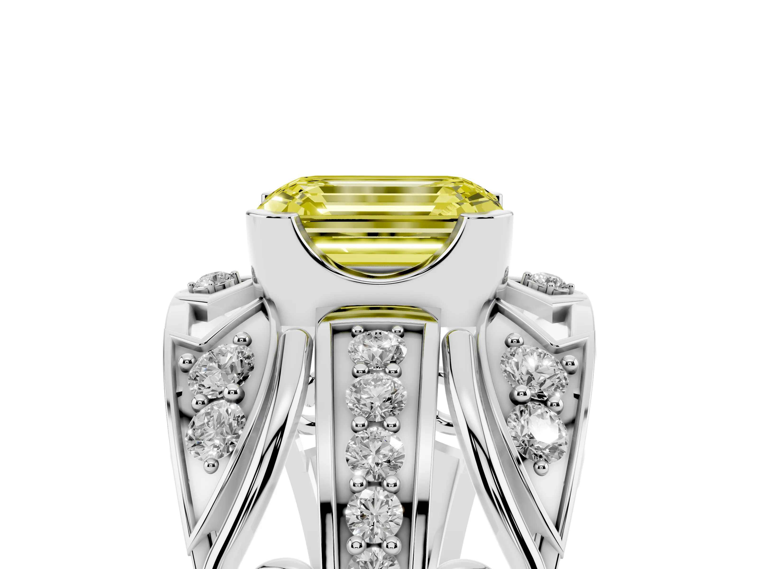 Fancy Yellow Emerald Cut Diamond Art Deco Ring Set in Platinum with Pavé Split Shank