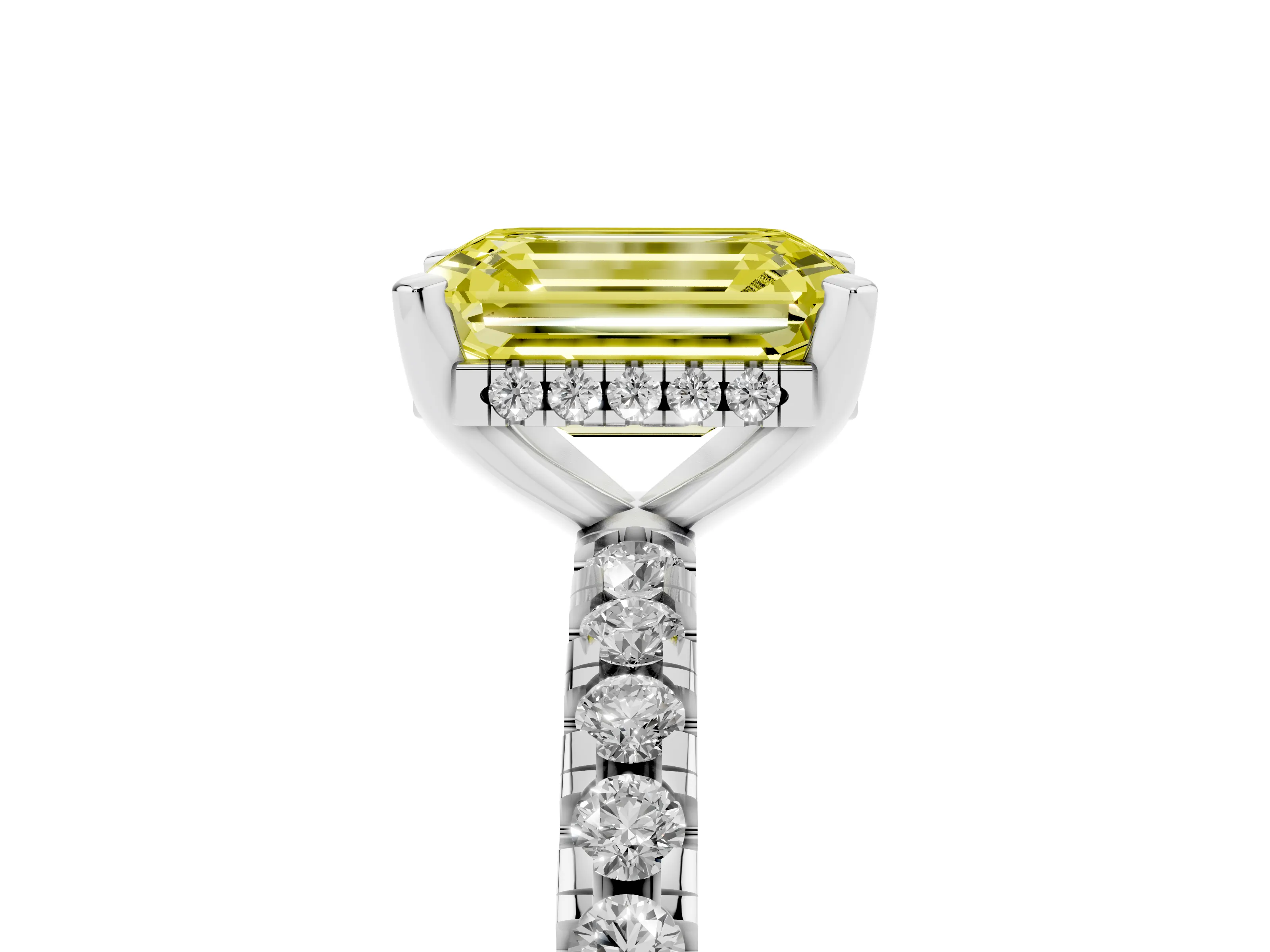 Fancy Yellow Emerald Cut Diamond Pavé Solitaire Ring Set in Platinum with Round Band Accents and Prong Setting