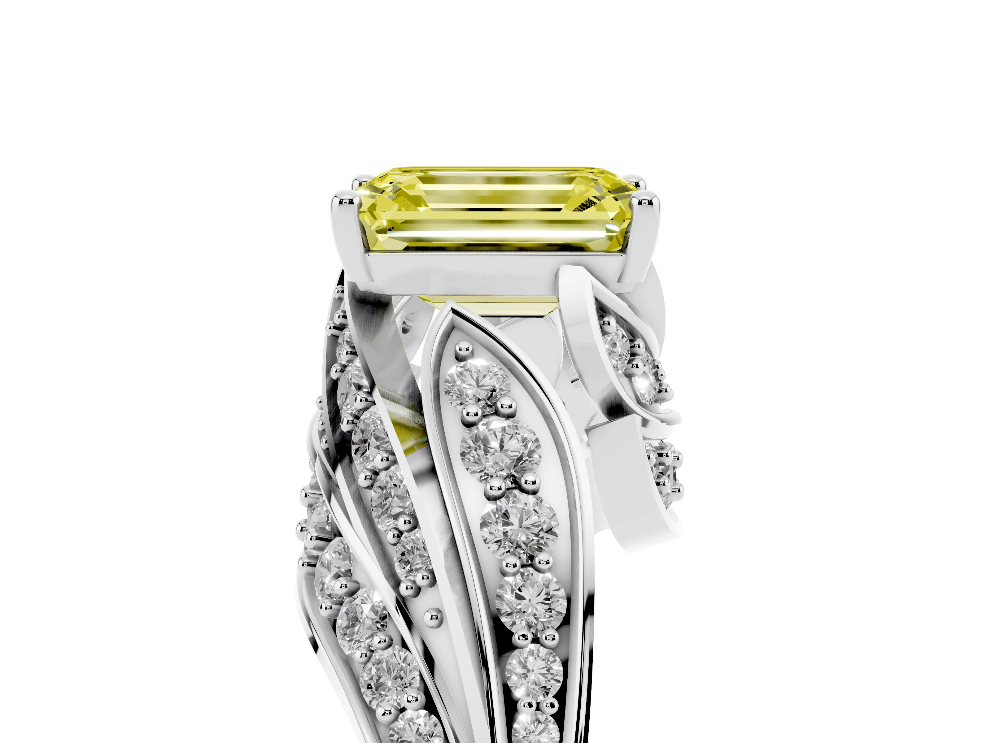 Fancy Yellow Emerald Cut Diamond Solitaire Ring Set in Silver with Layered Twist Pavé Band