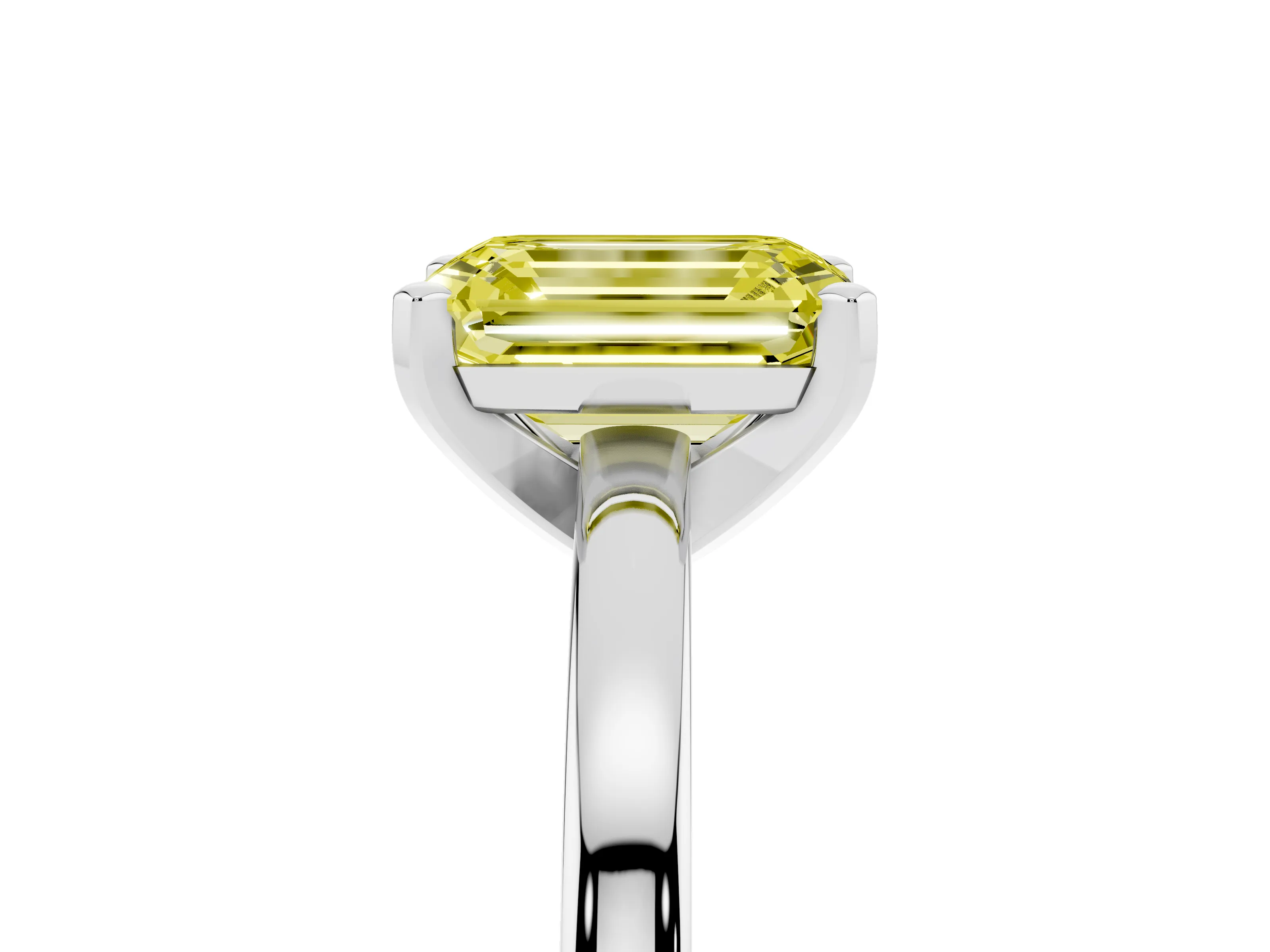Fancy Yellow Emerald Cut Diamond Solitaire Engagement Ring Set in Platinum with Prong Setting on a Classic Band