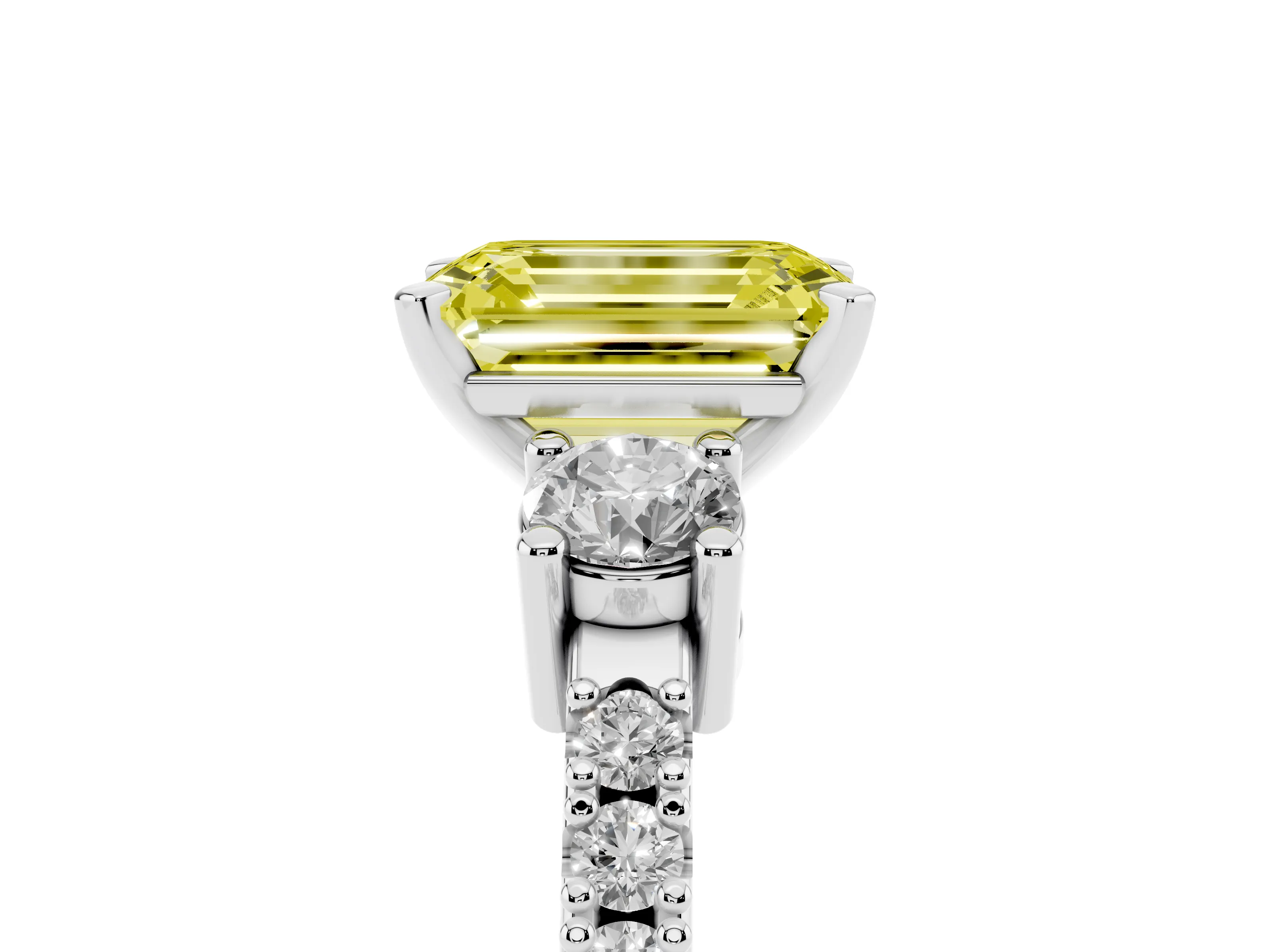 Fancy Yellow Three-Stone Emerald Cut Diamond Pavé Band Ring Set in Platinum with Prong Setting
