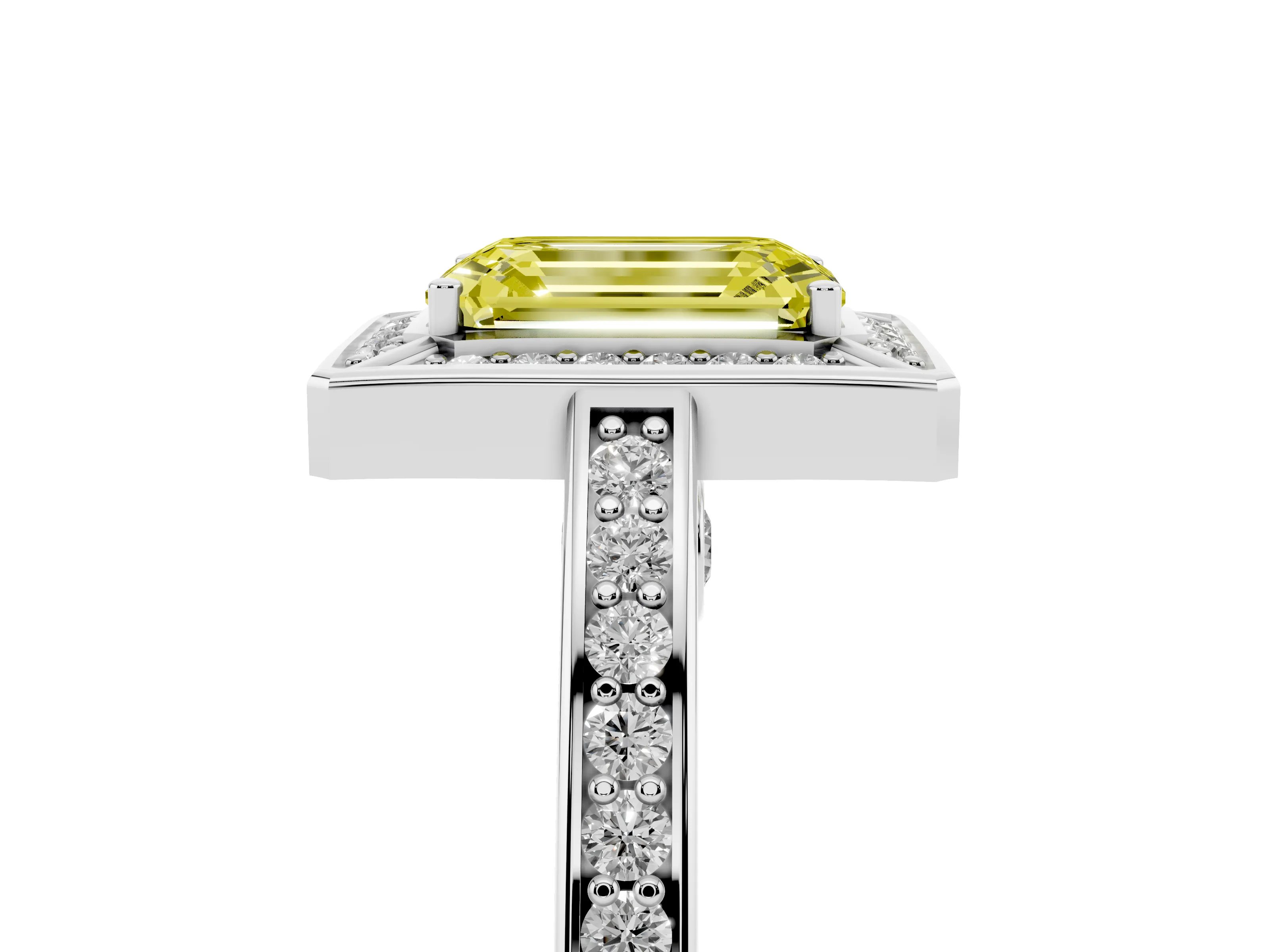 Fancy Yellow Emerald Cut Diamond Halo Pavé Split Shank Ring Set in Silver with Prong Setting
